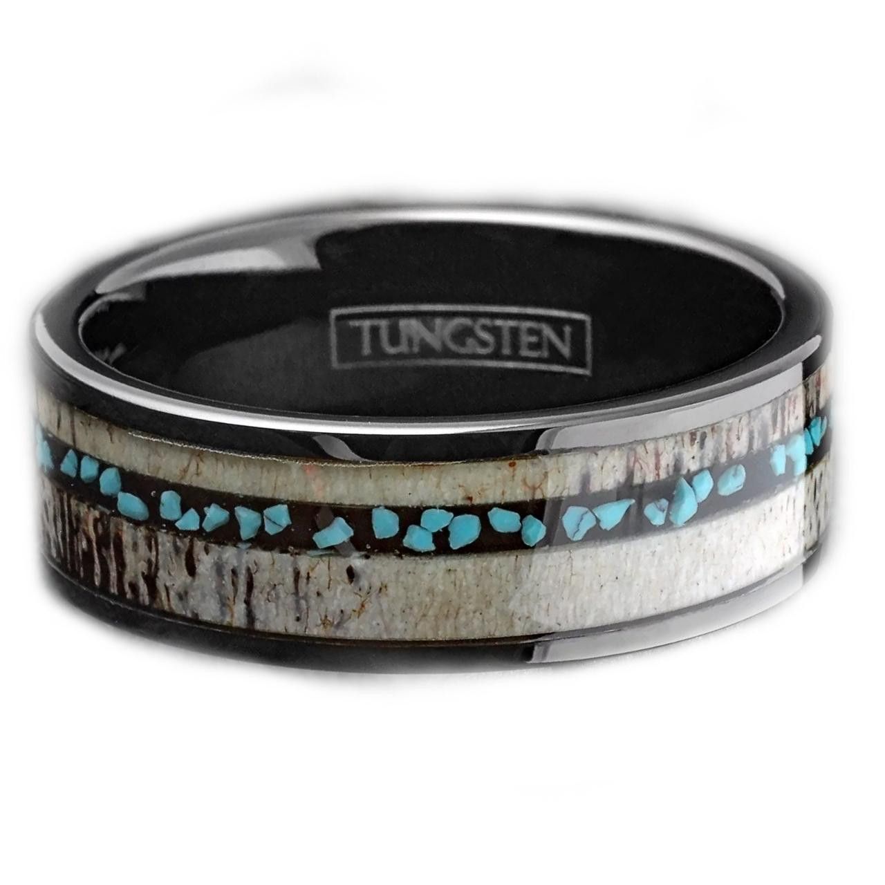 Other Black Tungsten Band Ring Deer Antler & Turquoise Size ONE SIZE - 1 Thumbnail