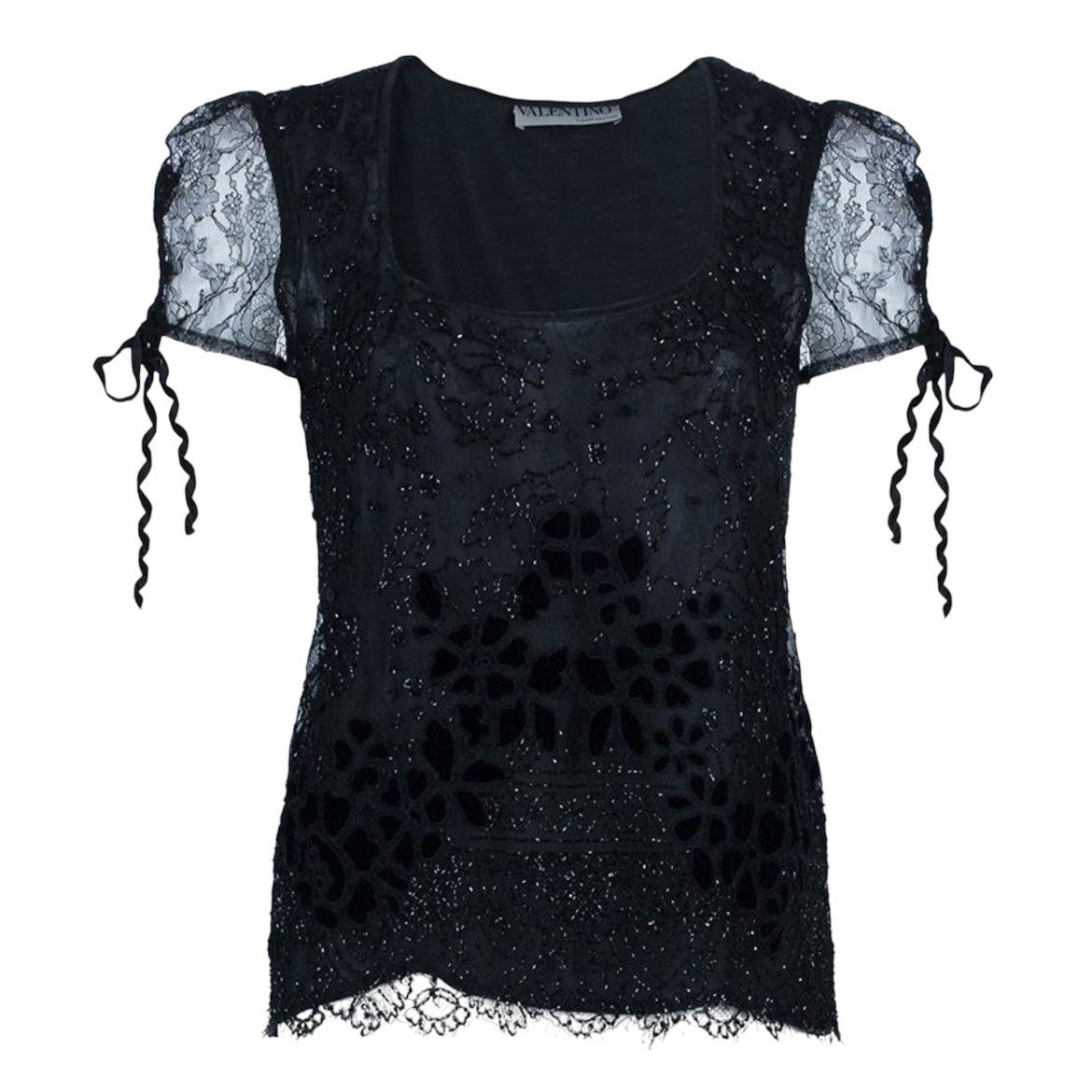 Valentino Valentino Black Beaded Square Neck Sheer Short Sleeve Top Size M / US 6-8 / IT 42-44 - 3 Thumbnail