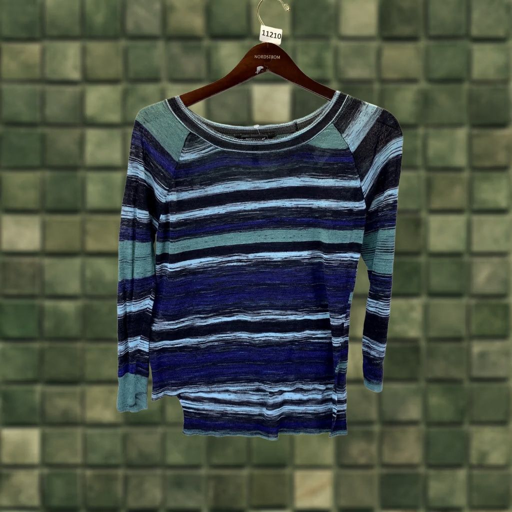Bcbgmaxazria BCBGMAXAZRIA Drielle Striped Sheer Knit Long Sleeve Scoop Neck Top Womens Blouse, Multicolor, S, Knit, Pullover, Casual, Travel, Basic, Sheer, 11210 Size S / US 4 / IT 40 - 1 Thumbnail