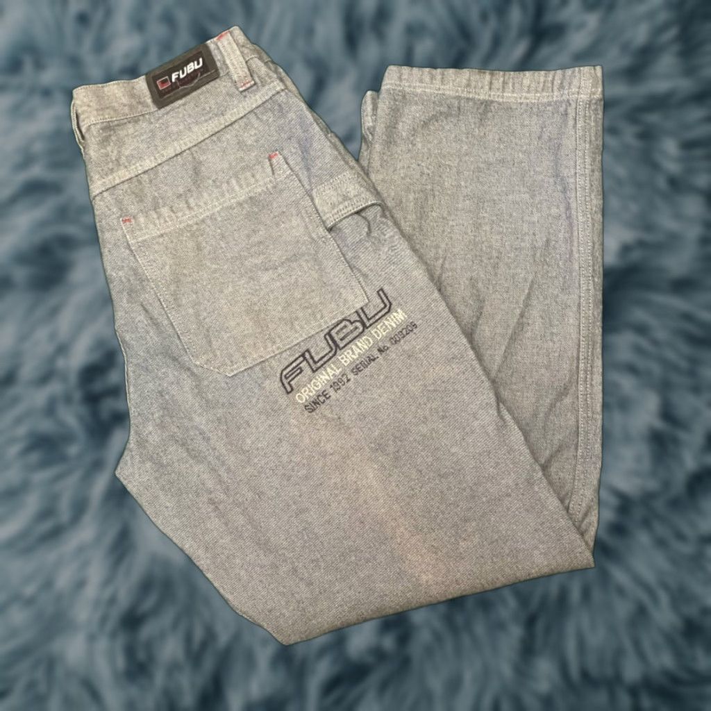 VINTAGE FUBU Jeans Baggy Grunge Cargo Embroidered 38x34 Mens Wide-Leg Skater Y2K VTG