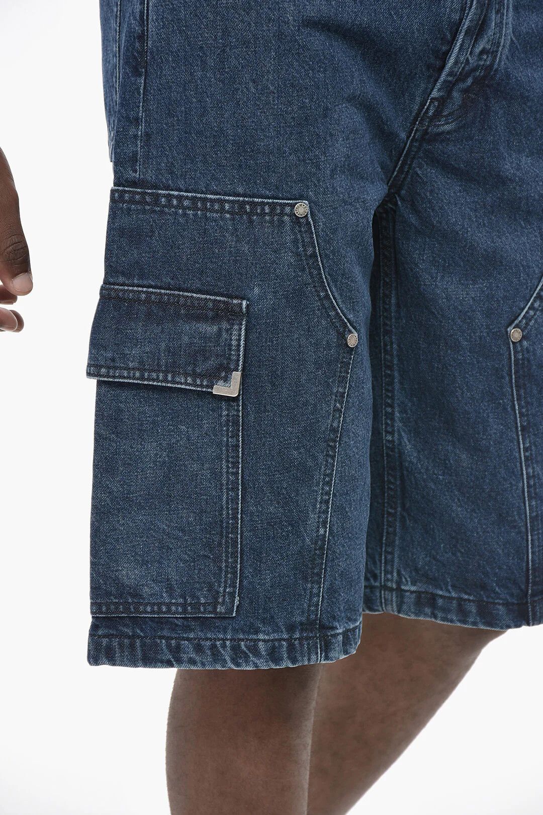 Palm Angels og1mm0326 Dark Wash Denim Cargo Short in Blue Size US 33 - 3 Thumbnail