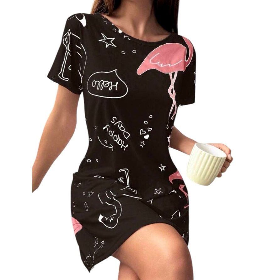 Shein Black Pink Flamingo Letter Print Short Sleeve Nightgown Size ONE SIZE - 2 Thumbnail