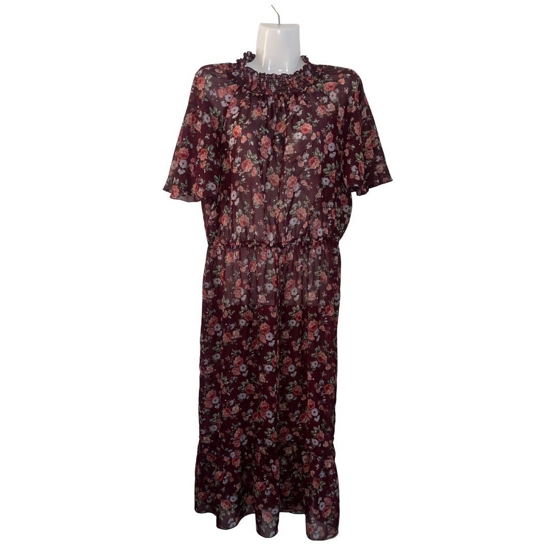 Other Stella & Julie Burgundy Floral Midi Dress Plus 14 elastic Size XL / US 12-14 / IT 48-50 - 3 Thumbnail