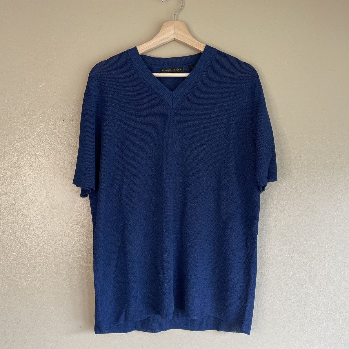 Donna Karan Blue Mesh V-Neck Shirt Size L / US 10 / IT 46 - 1 Thumbnail