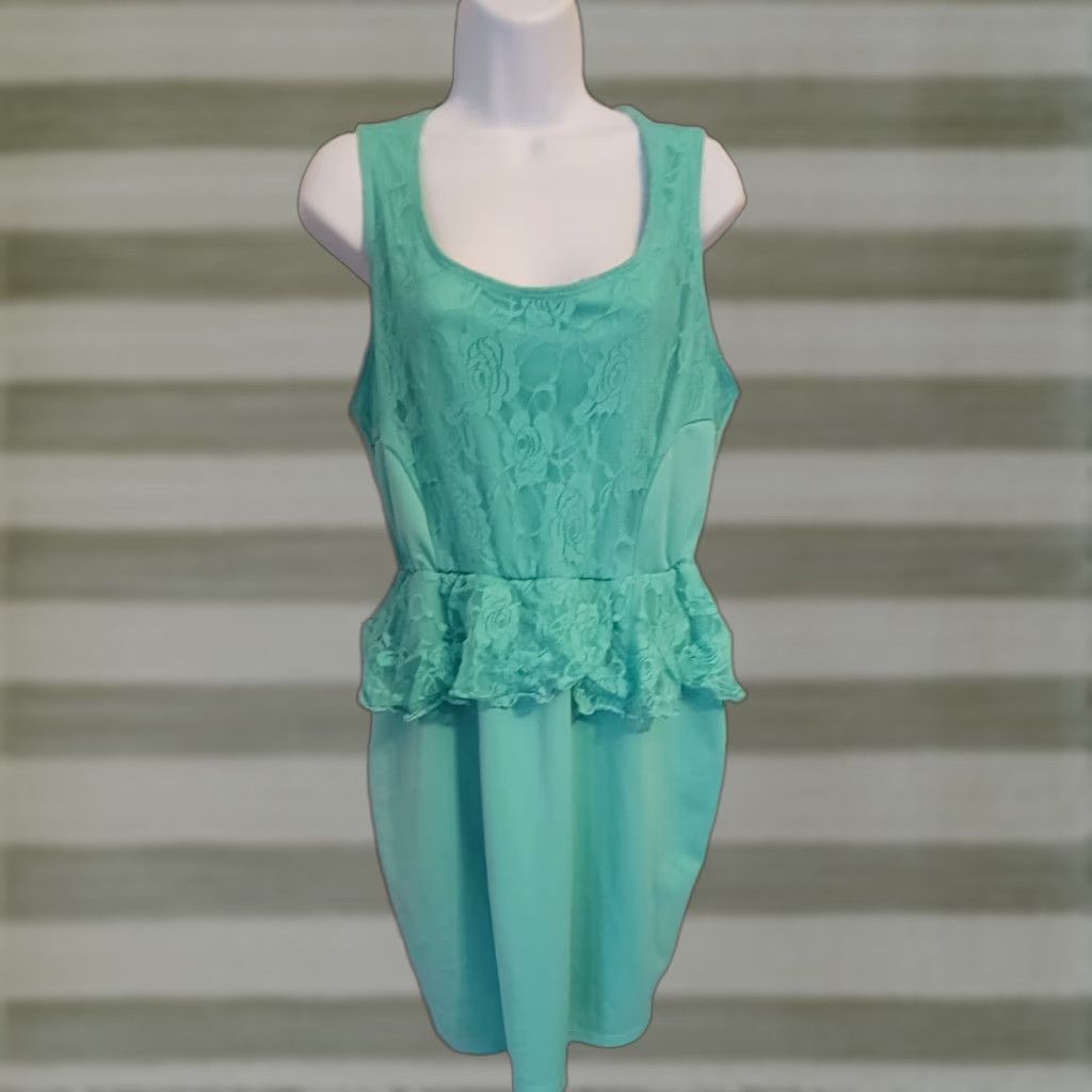 Vintage VINTAGE Lucy Diamonds Dress Green 1990s Peplum Lace Cocktail 1X Womens Size XL / US 12-14 / IT 48-50 - 1 Thumbnail