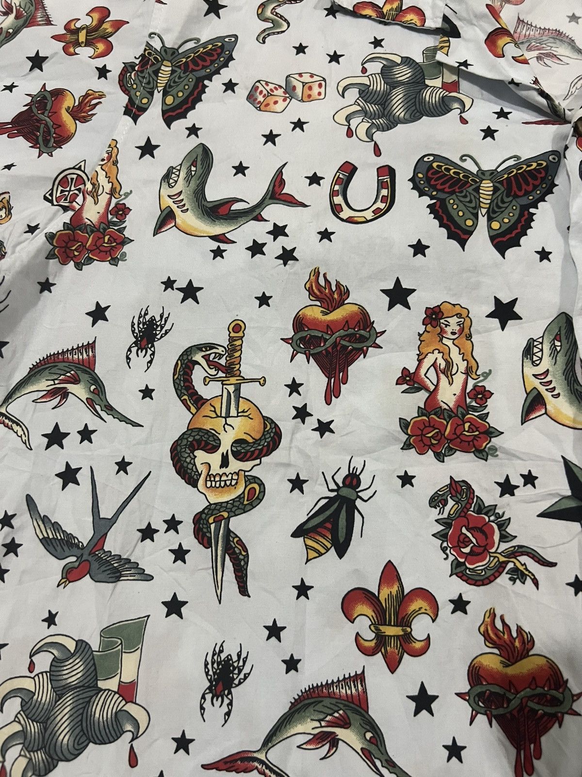 A.F.F.A. Vintage LA ROCKA! Tattoo Print Open Collar SS Button Shirt Size US L / EU 52-54 / 3 - 5 Thumbnail