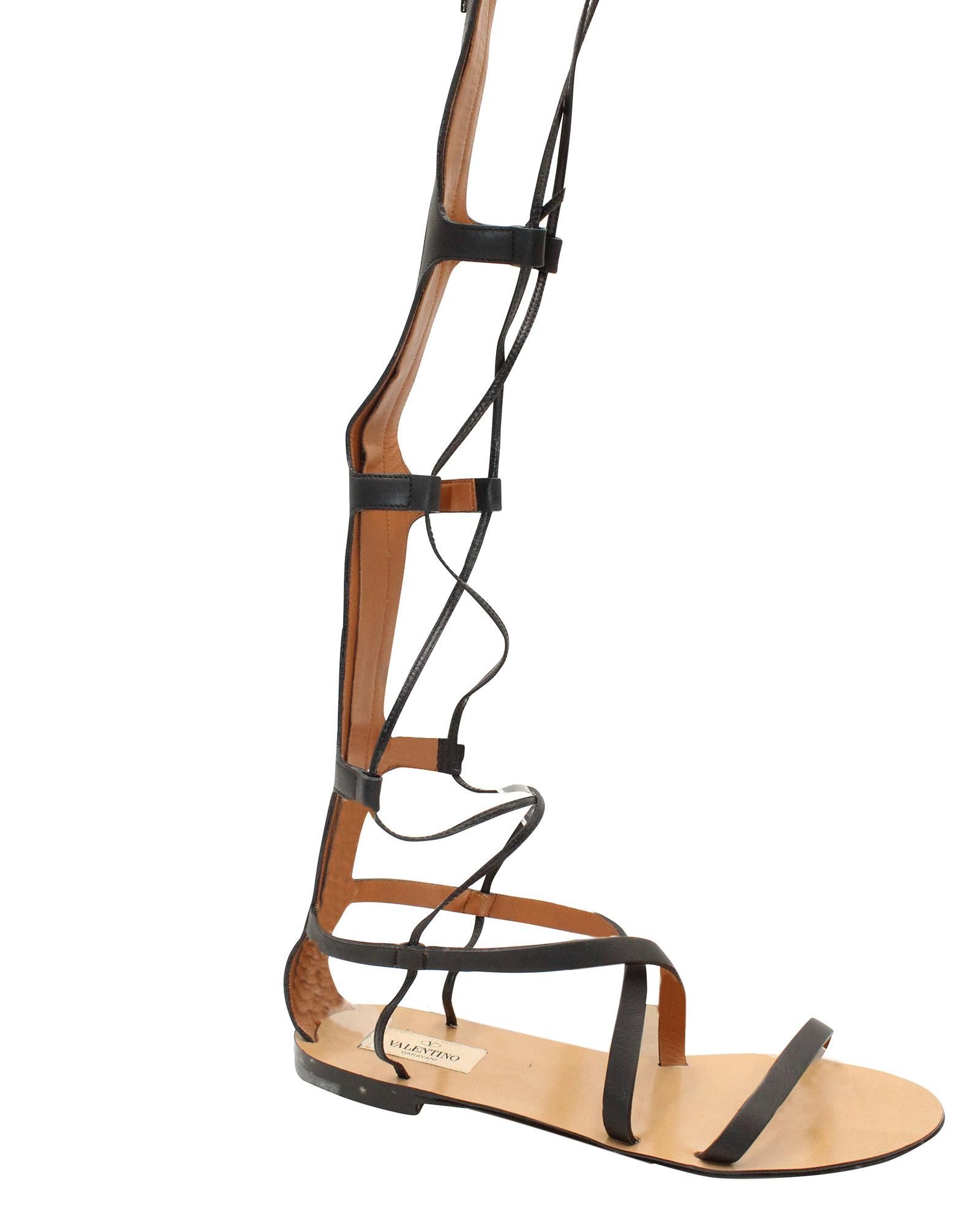image of Valentino Black Leather Gladiator Sandals in Black Print, Women's (Size 7)