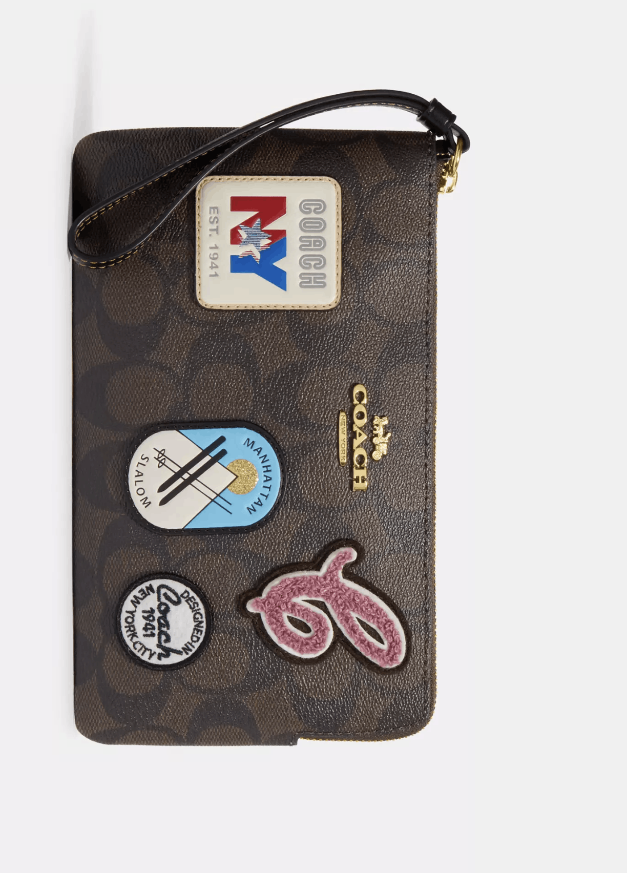 image of Coach Large Corner Zip Wristlet In Canvas Ski Patches in Brown, Women's