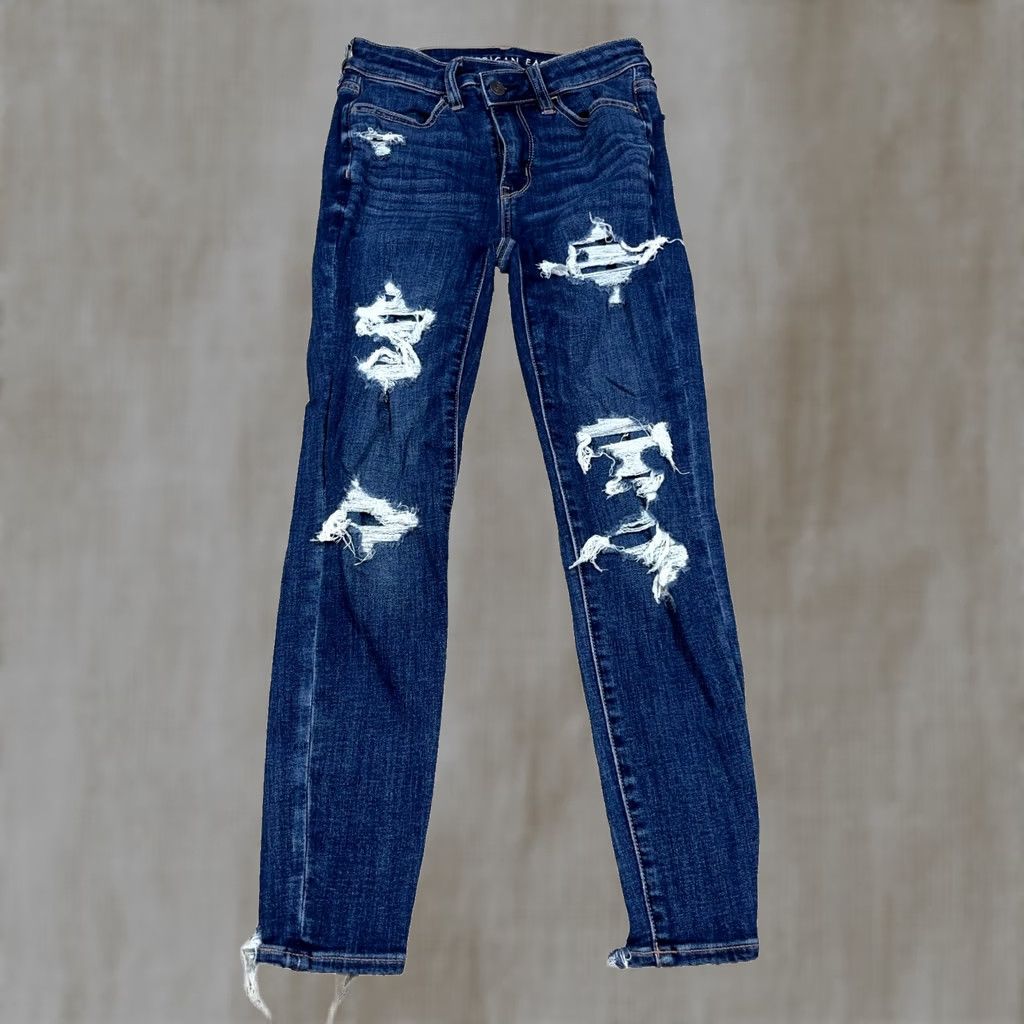 American Eagle Outfitters American Eagle Jeans Women 00 Short Hi High Rise Jegging Dark Denim Ripped Holes Size 24" / US 00 / IT 34 - 1 Thumbnail