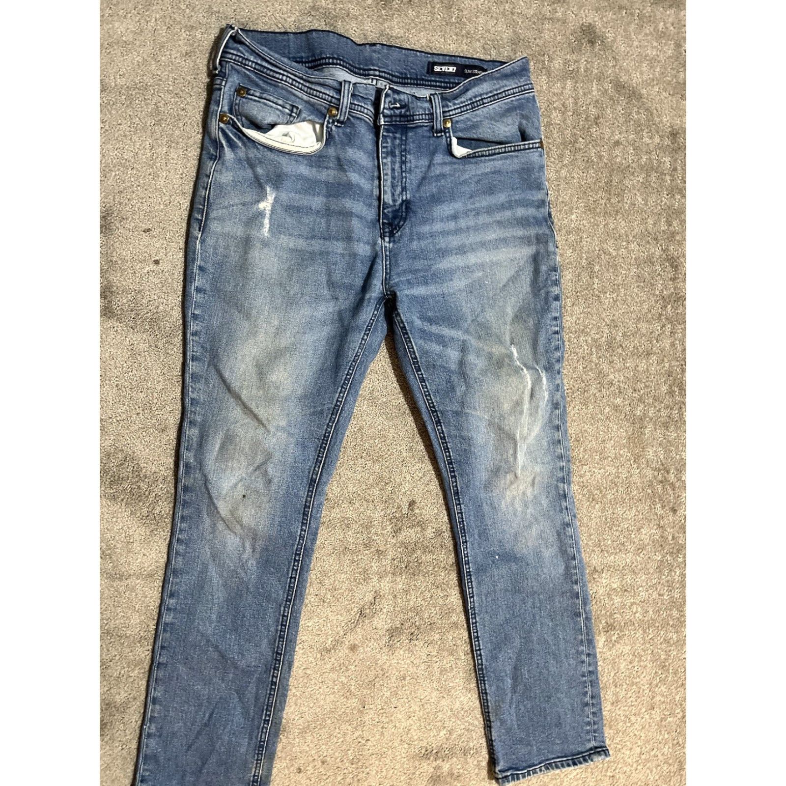 Vintage Seven 7 Jeans Mens 34x30 Slim Straight Fit Distressed Denim Blue 5-Pocket Stretch Comfort Slimming Regular Rise Mid 34 In Waist Inseam 30 In Classic Size US 34 / EU 50 - 3 Thumbnail