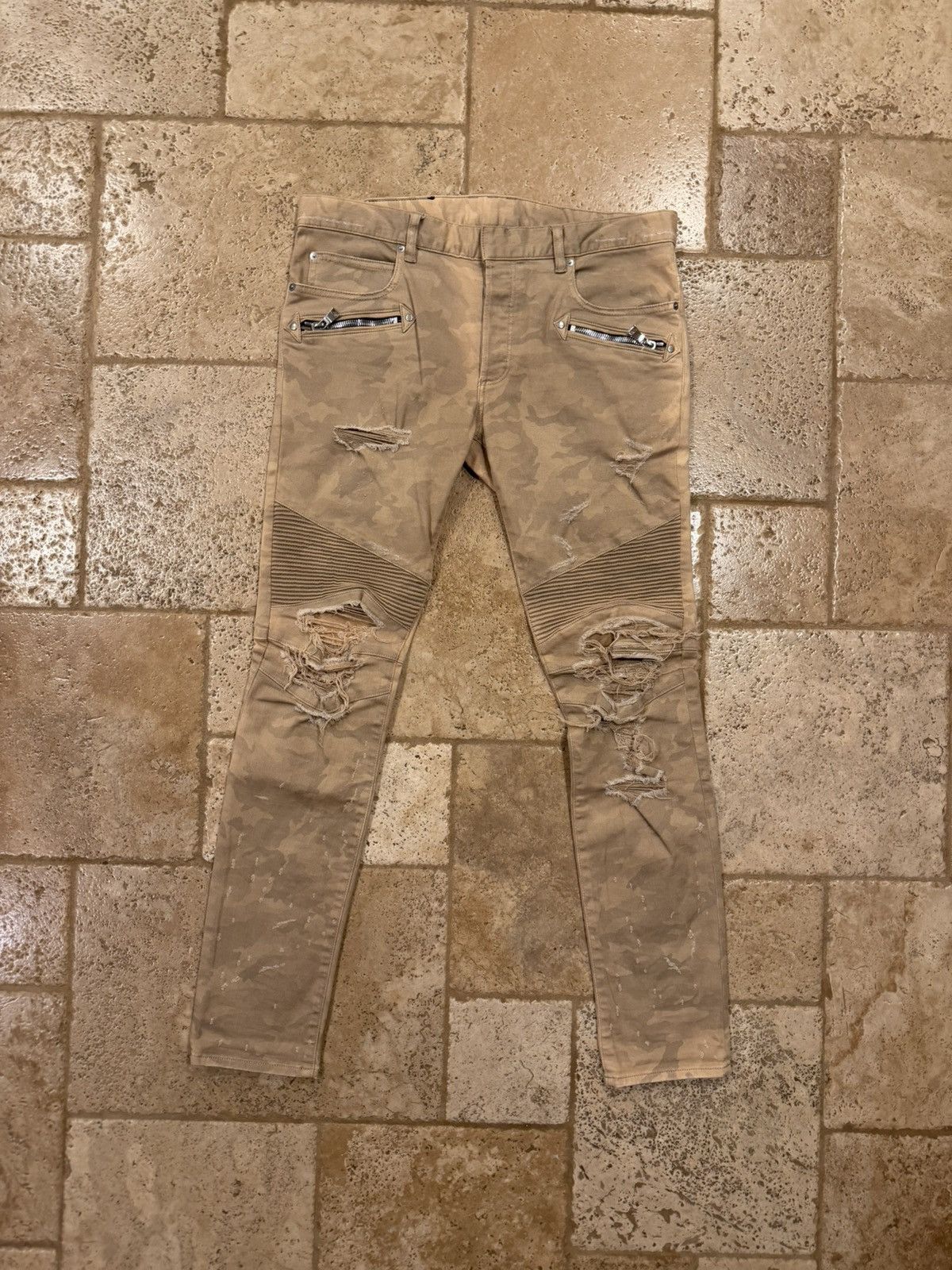 Balmain Balmain Biker Biege Desert Camo Moto Denim Pants Size US 33 - 3 Thumbnail