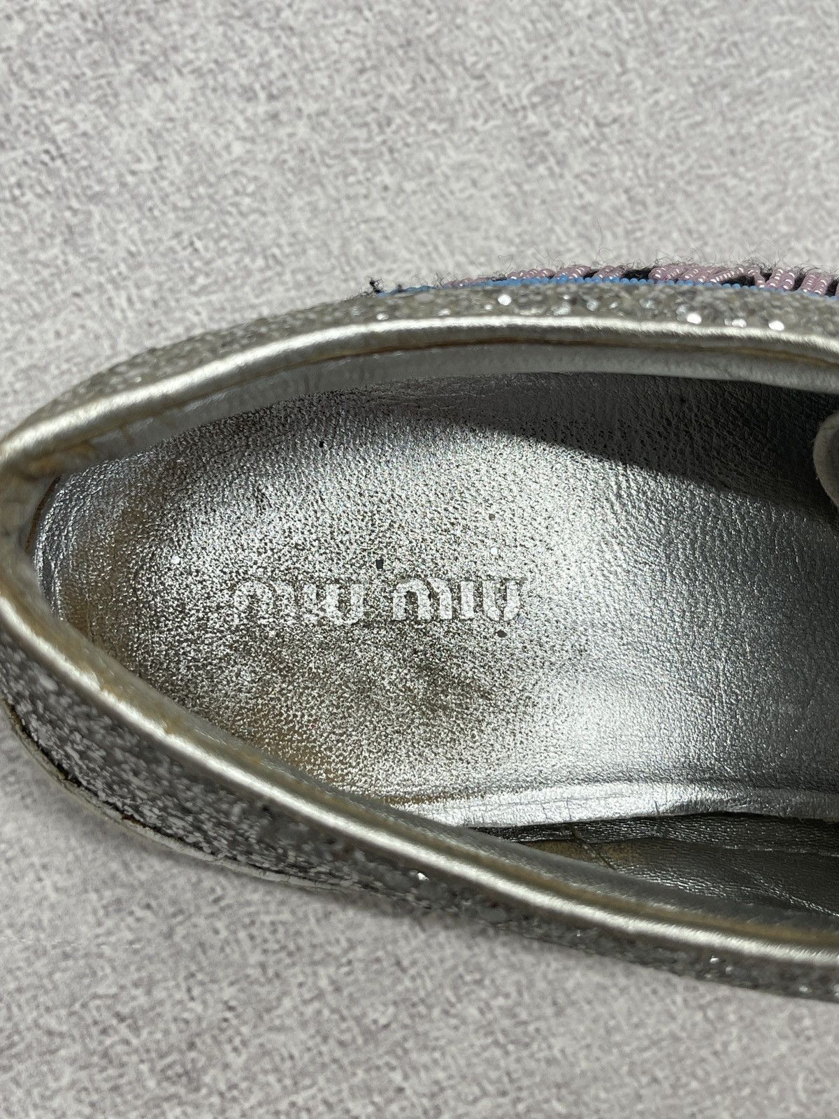 Miu Miu Miu Miu Leather Low Top Sneakers White/Glitter Silver Luxury Size US 7 / IT 37 - 11 Thumbnail