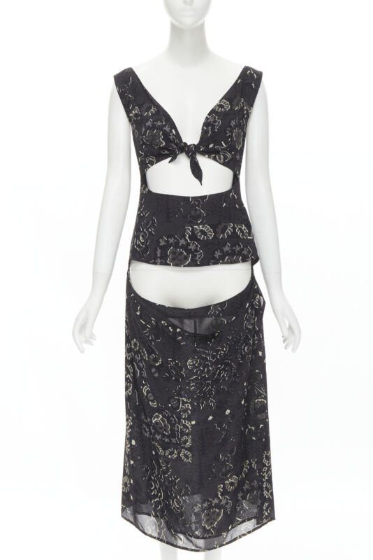 Yohji Yamamoto YOHJI YAMAMOTO black pixelated floral paisley cut out draped front midi dress S Size S / US 4 / IT 40 - 1 Thumbnail