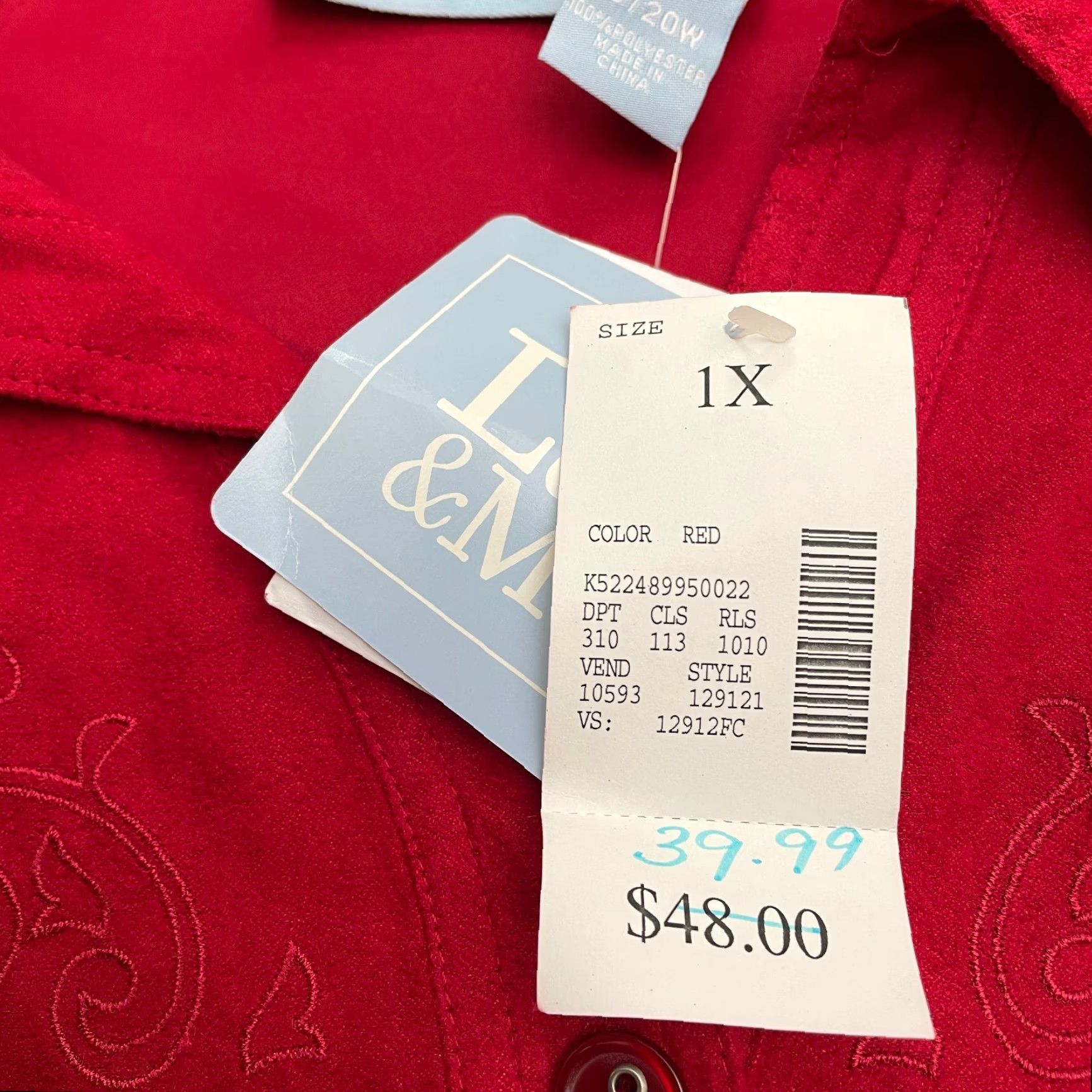 Vintage Liz & Me Shirt Womens XL Red Long Sleeve Button-Up Embroidered Studded NWT New Velvet Suede Fashion? Size XL / US 12-14 / IT 48-50 - 6 Thumbnail