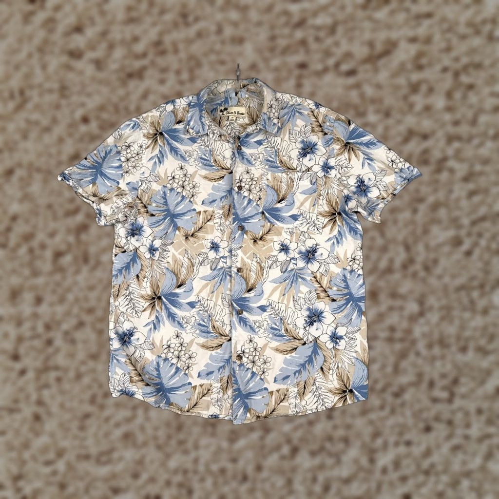 Olive Oliver & Burke Shirt Men Medium Blue Beige Floral Button Up Cotton Hawaiian Size US M / EU 48-50 / 2 - 1 Thumbnail