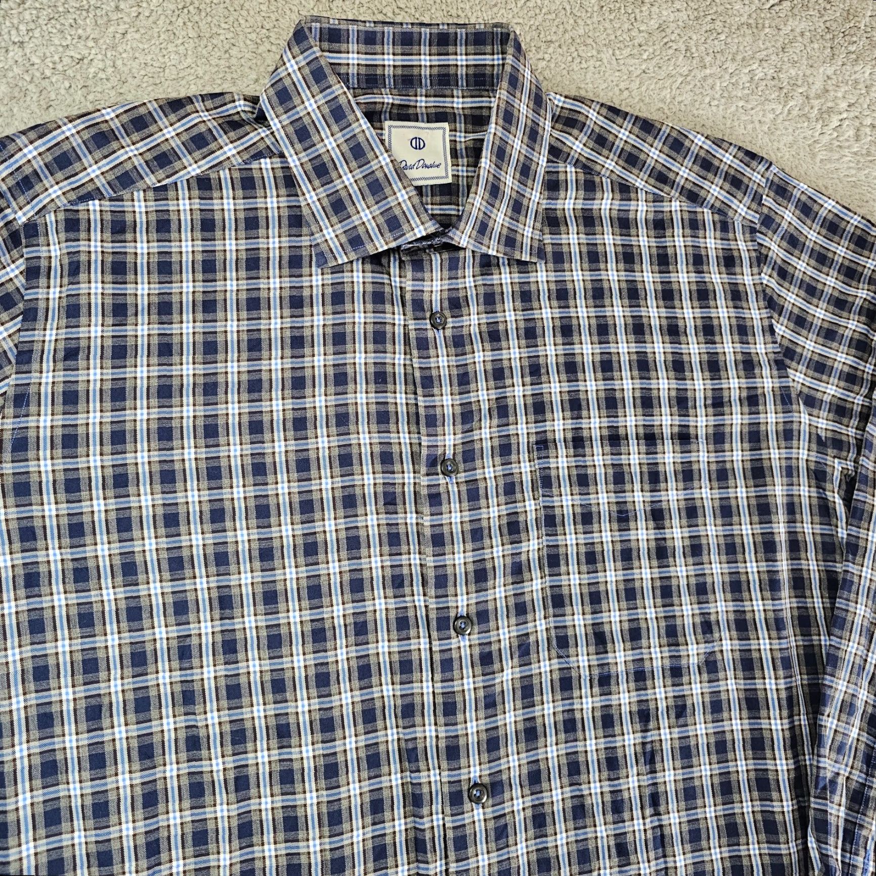 David Donahue David Donahue Dress Shirt Mens XL Blue Check Twill Cotton Long Sleeve Size 46R - 3 Thumbnail