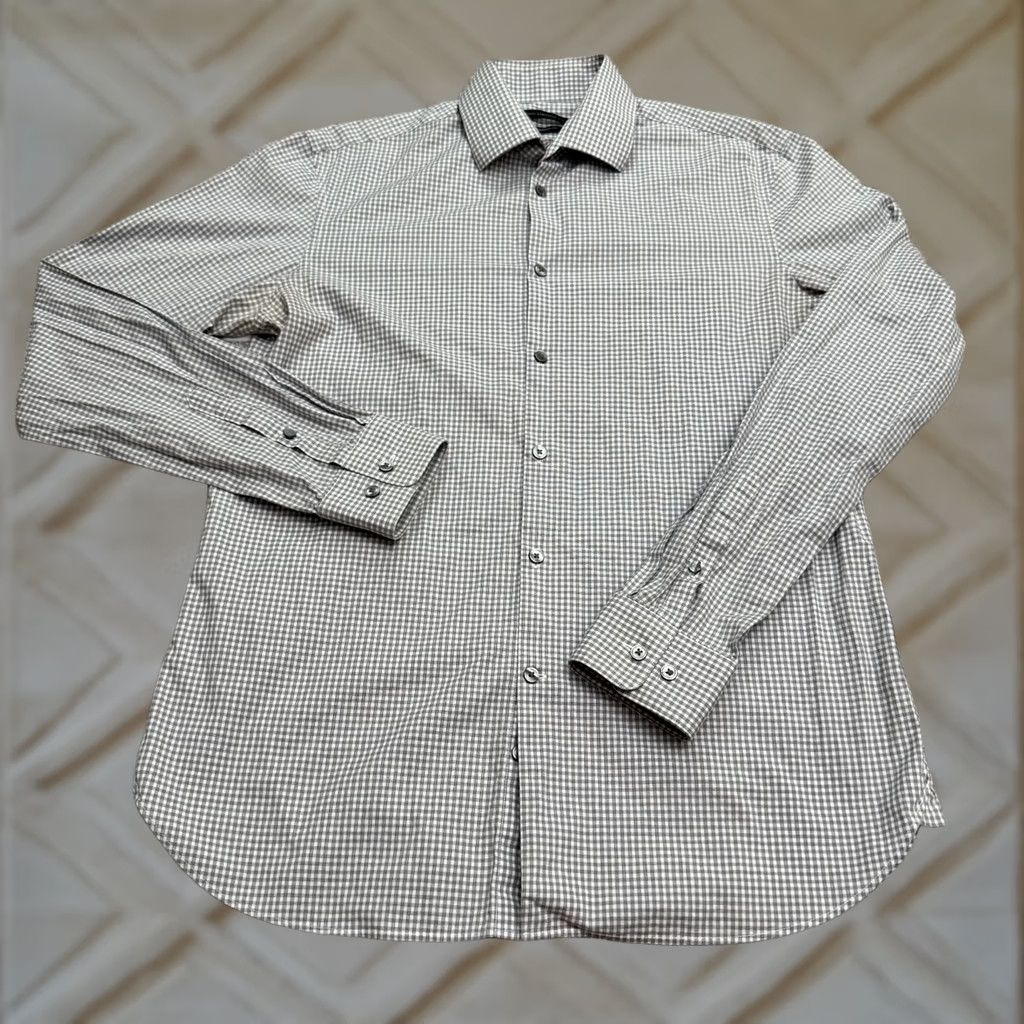 John Varvatos John Varvatos Mens Gray White Check Gingham Dress Shirt USA Modern Fit Top 15.5 Size US L / EU 52-54 / 3 - 1 Thumbnail