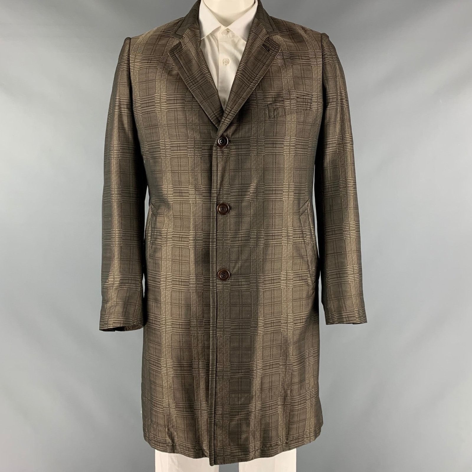 DRIES VAN NOTEN Size 42 Brown Taupe Glenplaid Polyester Coat