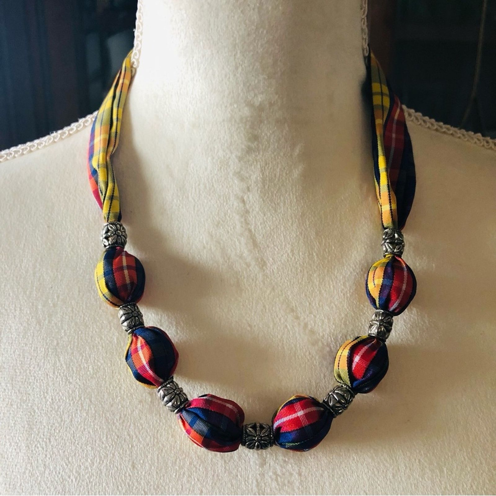 Handmade Country Girl red yellow & blue plaid fabric bead necklace Size ONE SIZE - 2 Thumbnail