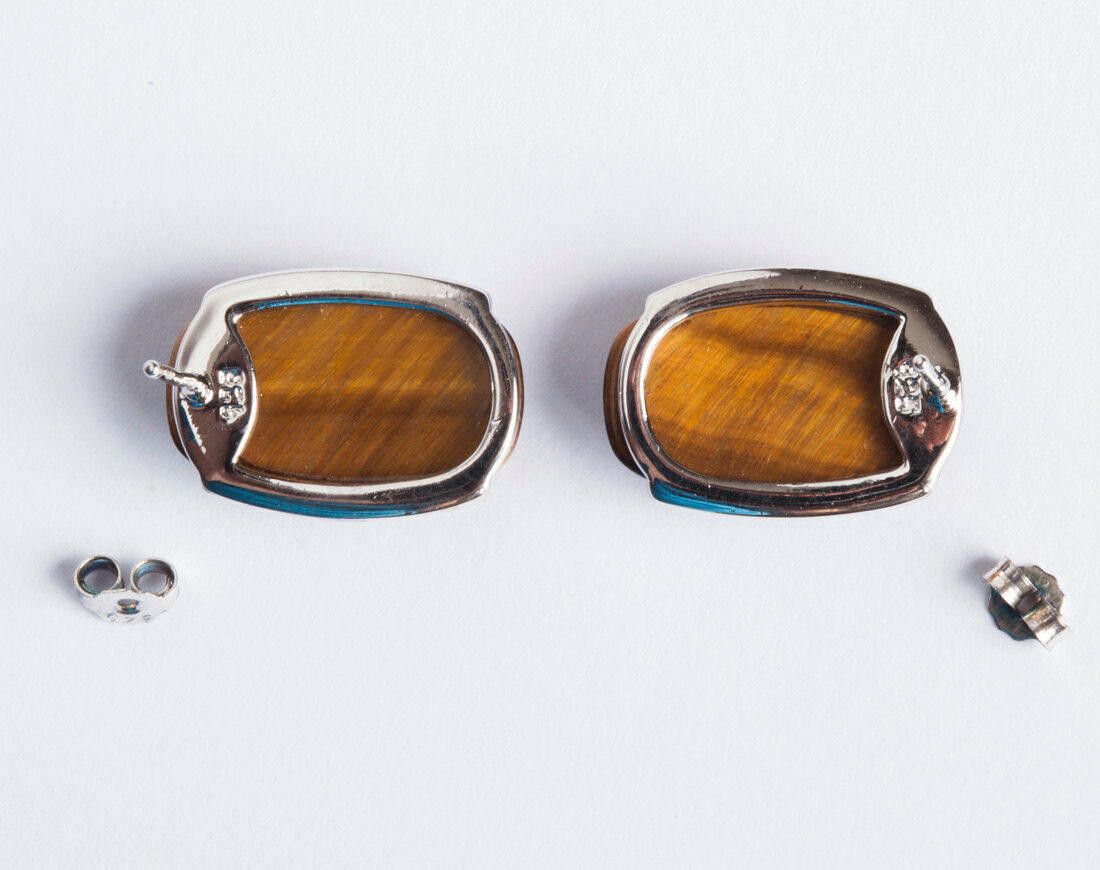 Designer Sterling Silver Oval Cabochon Tiger Eye Earrings Size ONE SIZE - 2 Thumbnail
