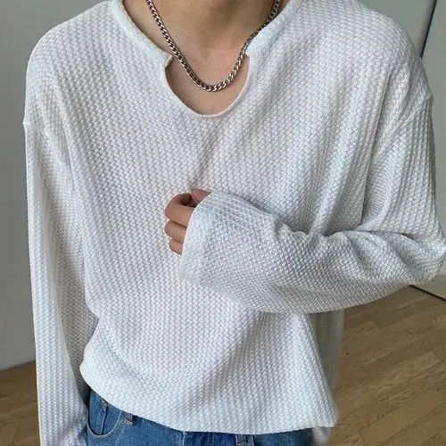 Japanese Brand Korean fashion white U neck long sleeve waffle top Size US M / EU 48-50 / 2 - 5 Thumbnail