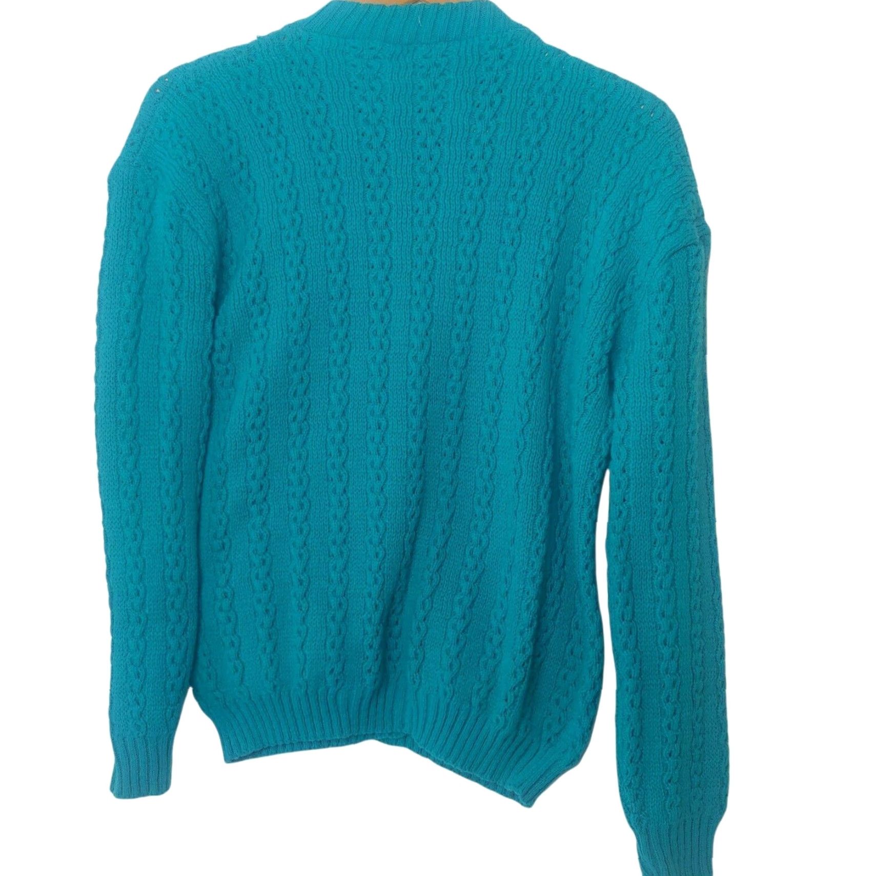 AQUA VINTAGE Brunny Cardigan Sweater Womens L Aqua Blue Cable Knit Granny Retro 1980s Knit Crew Neck Long Sleeve Size L / US 10 / IT 46 - 2 Thumbnail