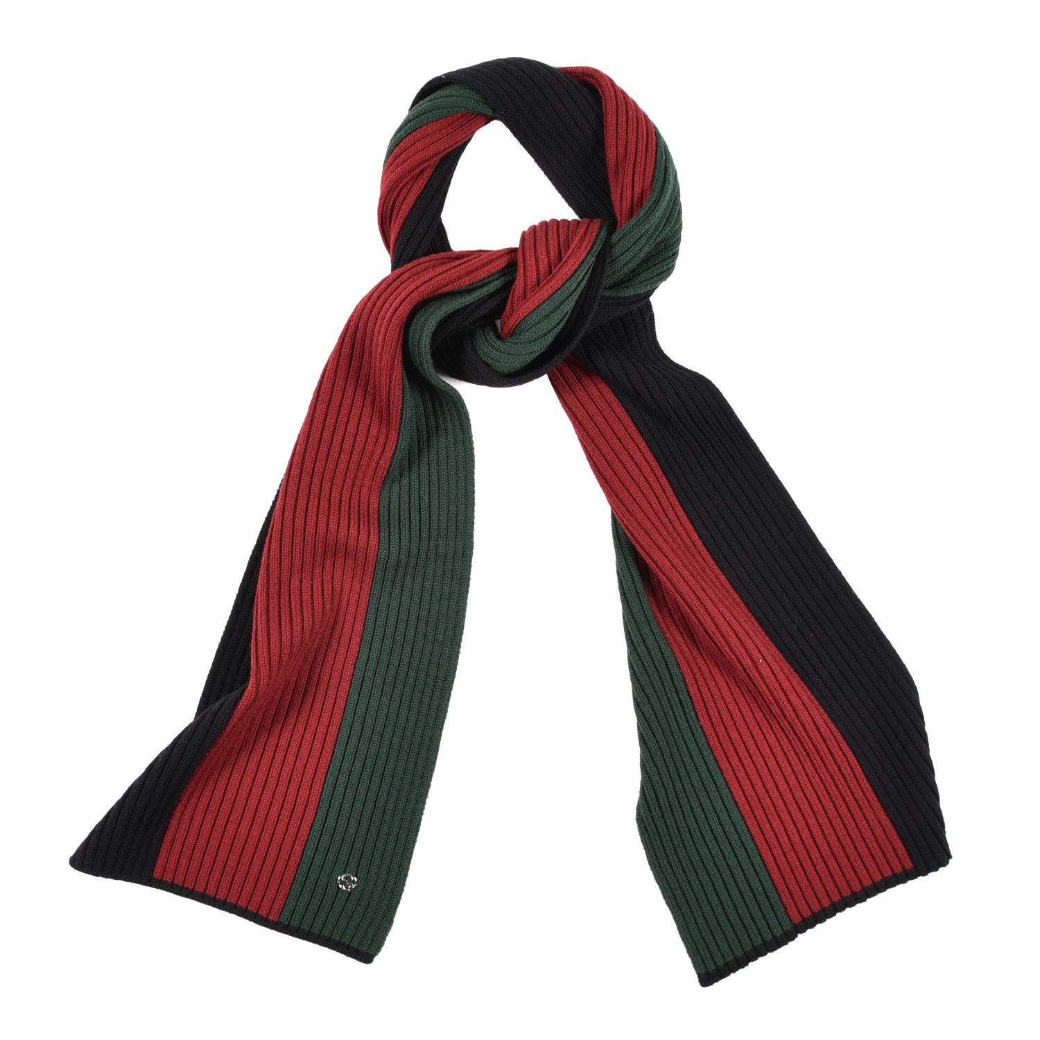 Gucci GUCCI Scarf Wool Ribbed Knit Stripe Black Red Green Logo Size ONE SIZE - 1 Thumbnail