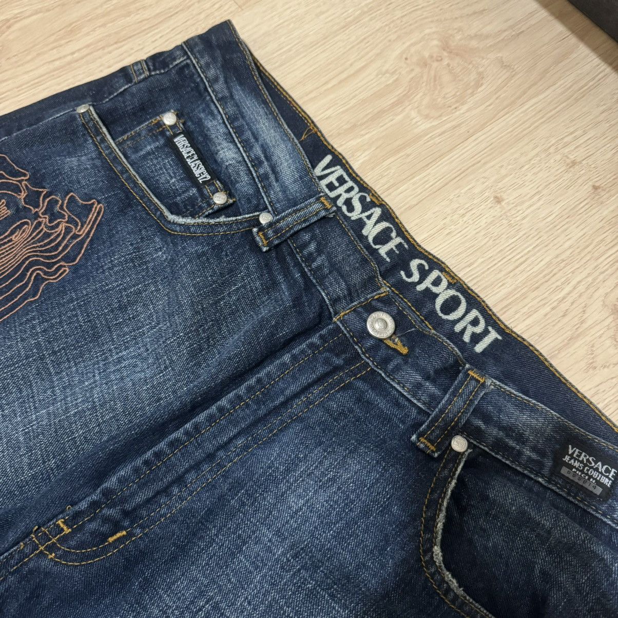 image of Versace Sport Embroidery Baggy Denim in Blue, Men's (Size 36)
