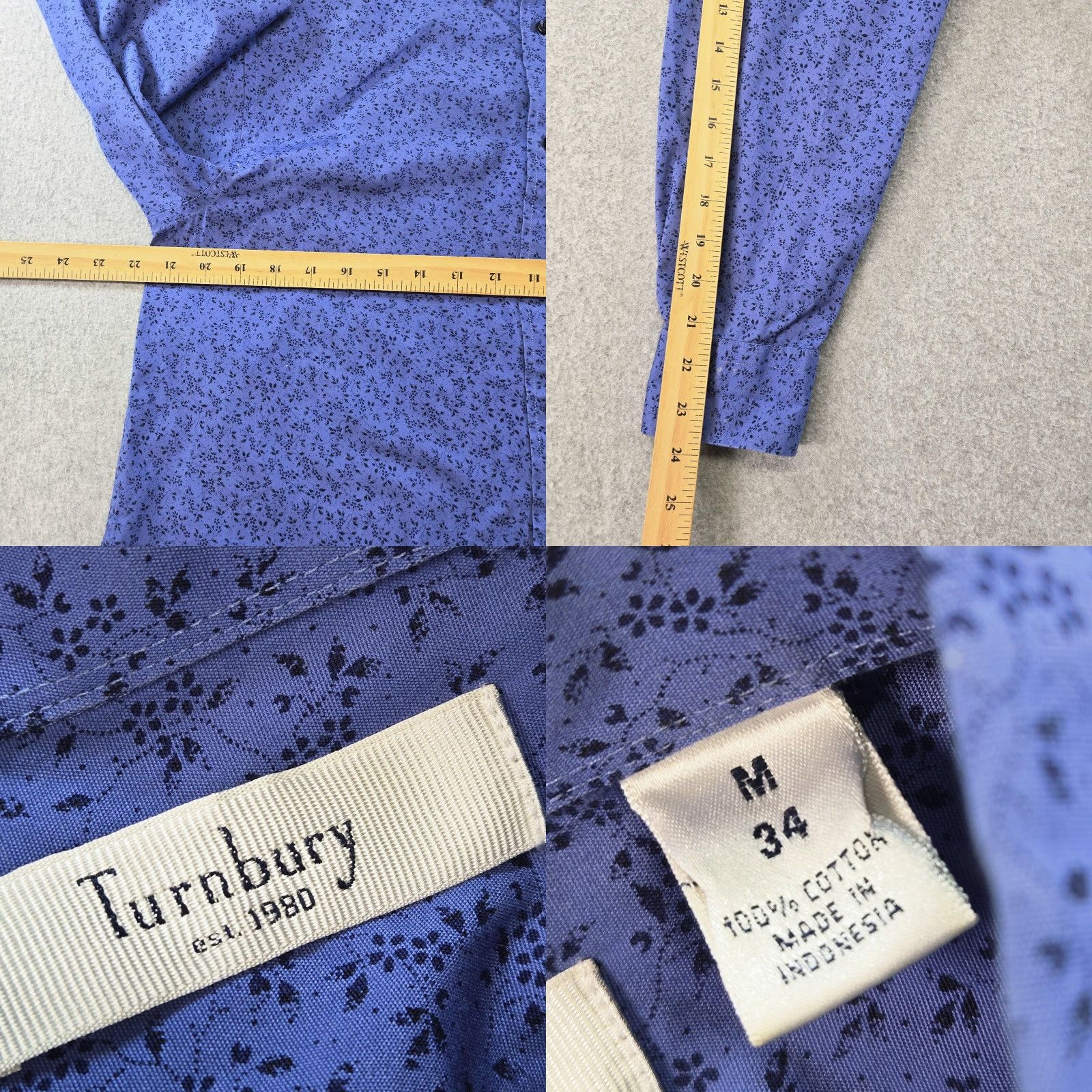 Vintage Turnbury Shirt Mens M Blue Floral Long Sleeve Button Up Cotton Regular Fit Size US M / EU 48-50 / 2 - 8 Thumbnail