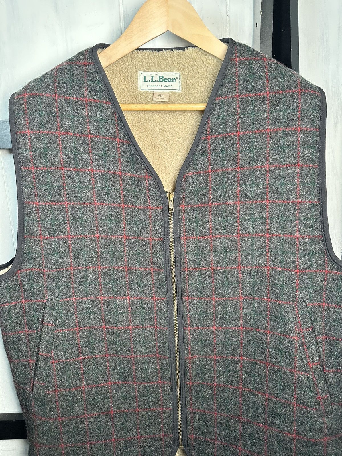 image of L L Bean VTG Made In Usa Wool Vest, Sherpa Lined, Size L-Tall, New in Gray Plaid, Men's