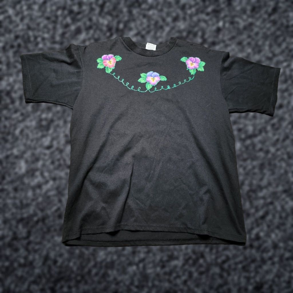 Vintage VINTAGE Womens M Pansies Flower Floral Art Puff Paint T Shirt Size M / US 6-8 / IT 42-44 - 1 Thumbnail