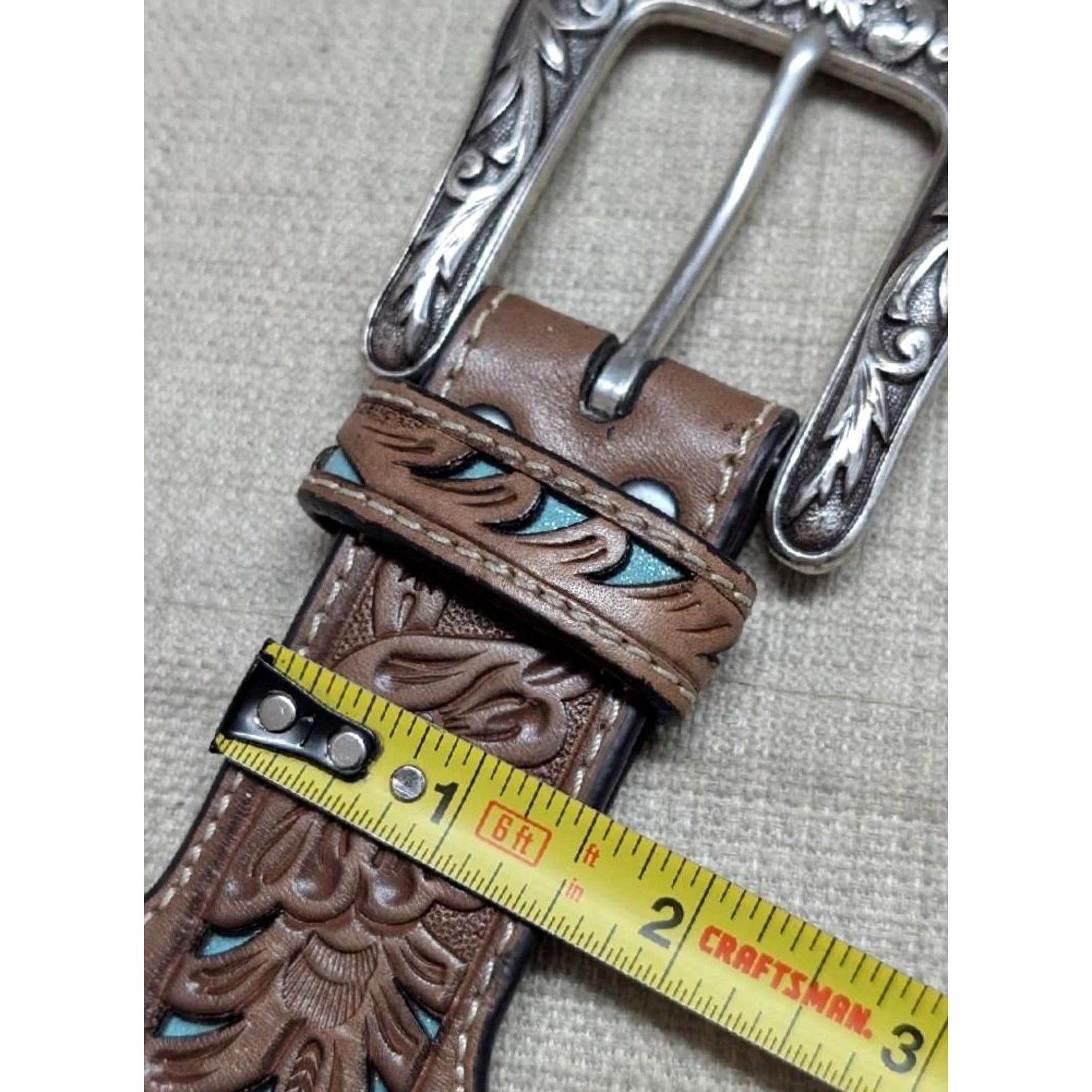 Ariat VINTAGE Ariat Western Belt 34 Leather Tooled Floral Buckle Tapered Brown Men Size 34 - 7 Thumbnail