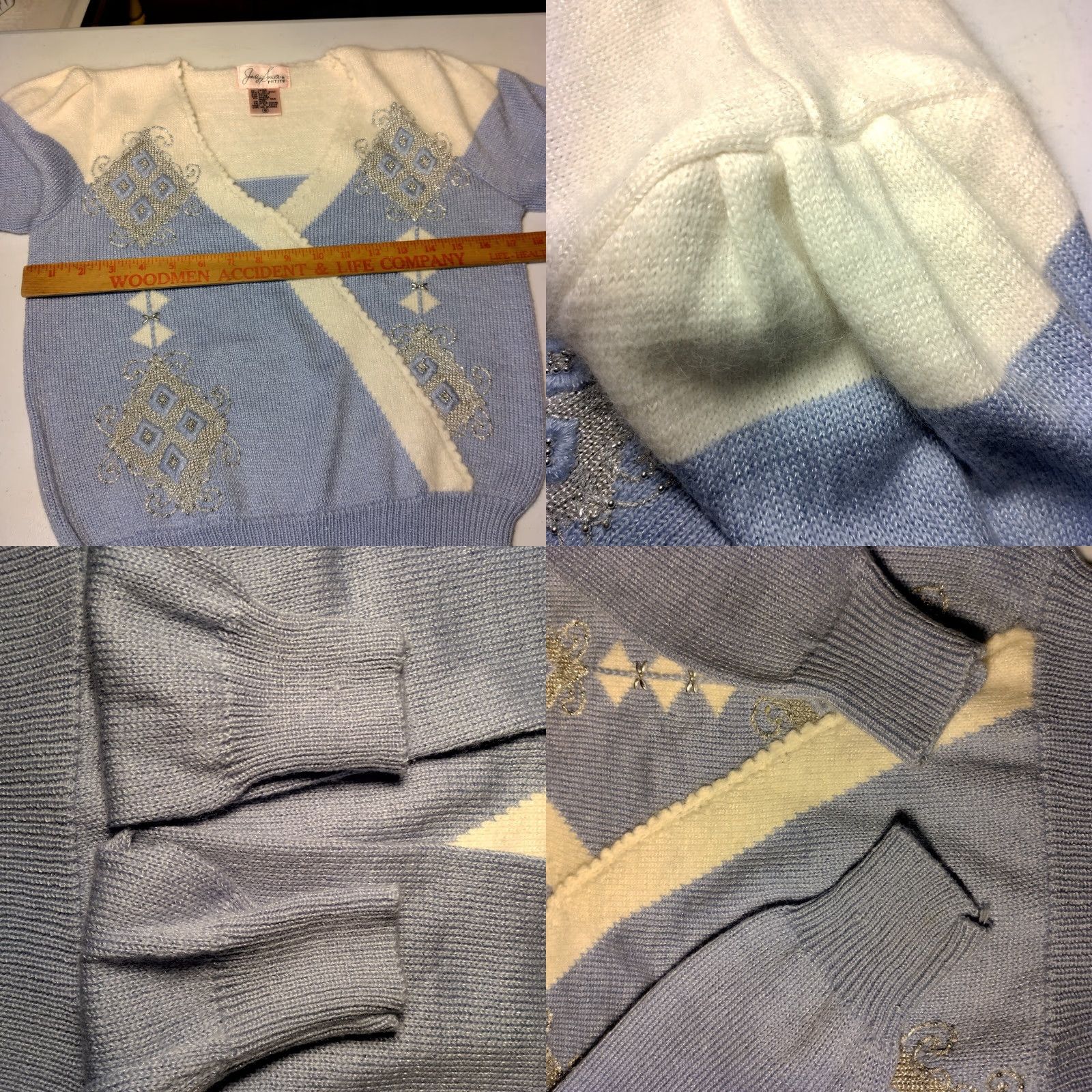 Vintage VINTAGE Jaclyn Smith Petite Sweater Poof Shoulder Blue White Silver Beaded Acrylic Angora Wool Beads Pullover 80s Women PS XS/S Size S / US 4 / IT 40 - 8 Thumbnail