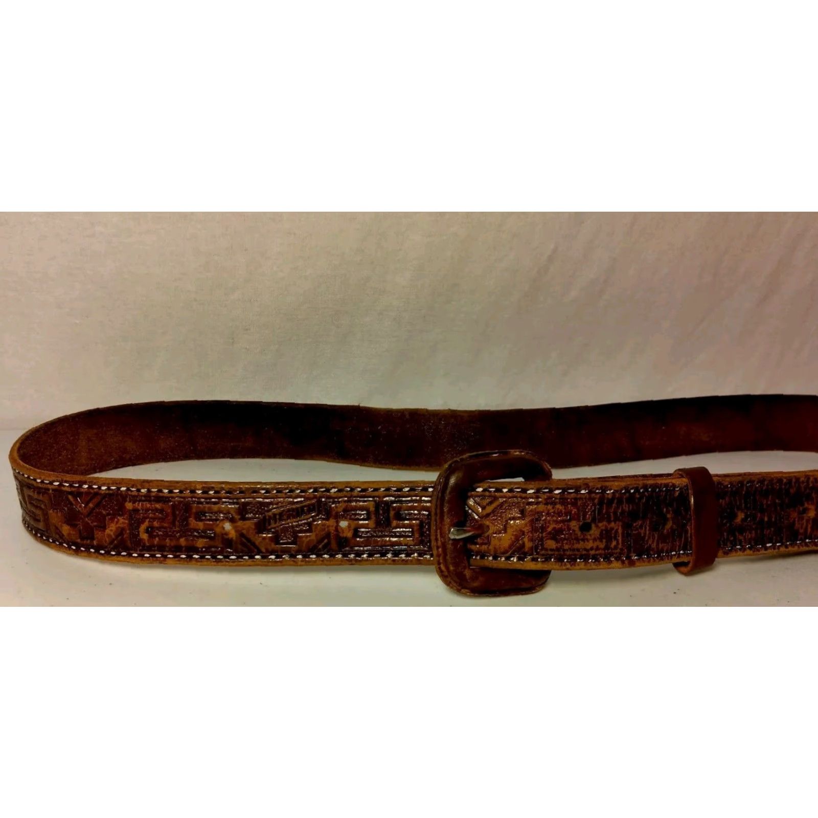 Vintage Vintage Hand Tooled Leather Belt Women Mexico Aztec Tribal Brown Distressed 1" Size ONE SIZE - 6 Thumbnail