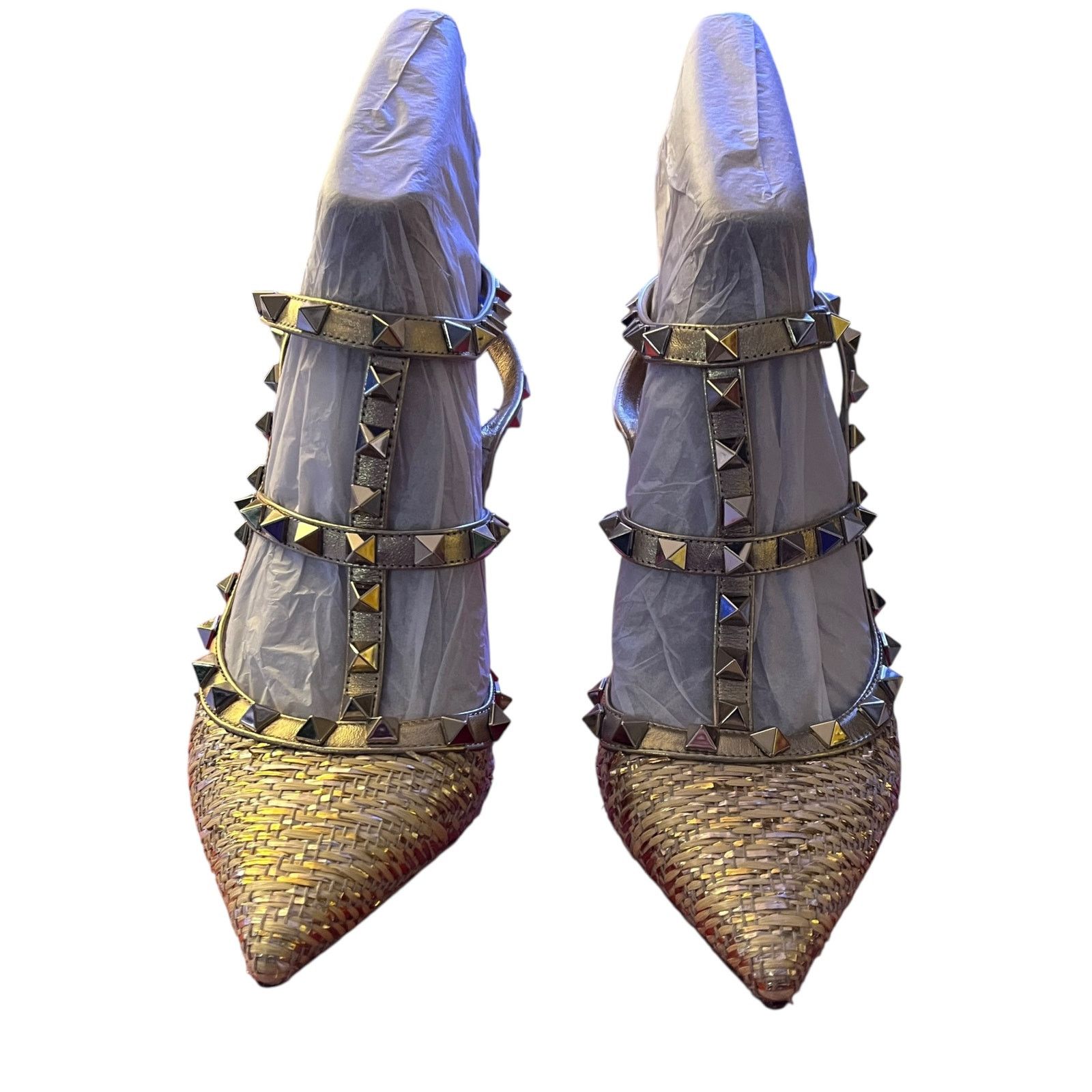 Valentino Valentino Rockstud T Strap Raffia Pumps Gold Studded 38 Heel Size US 8 / IT 38 - 2 Thumbnail