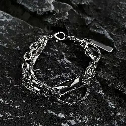VIBE Titanium Steel Layered Black Crystal Charm Bracelet for Men Size ONE SIZE - 8 Thumbnail