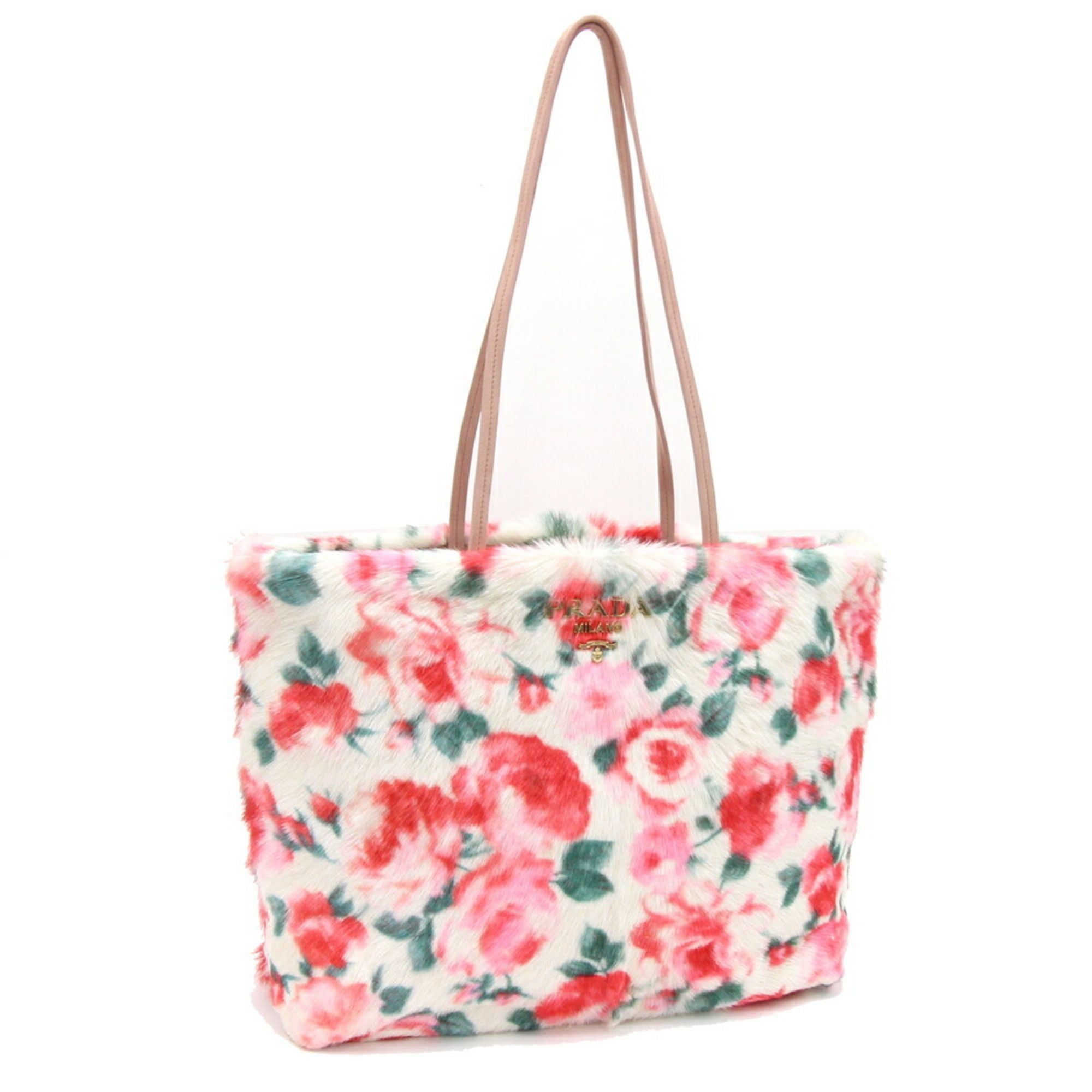image of Prada Tote Bag 1Bg140 Ivory Red Pink Fur Suede Flower Ladies Prada, Women's