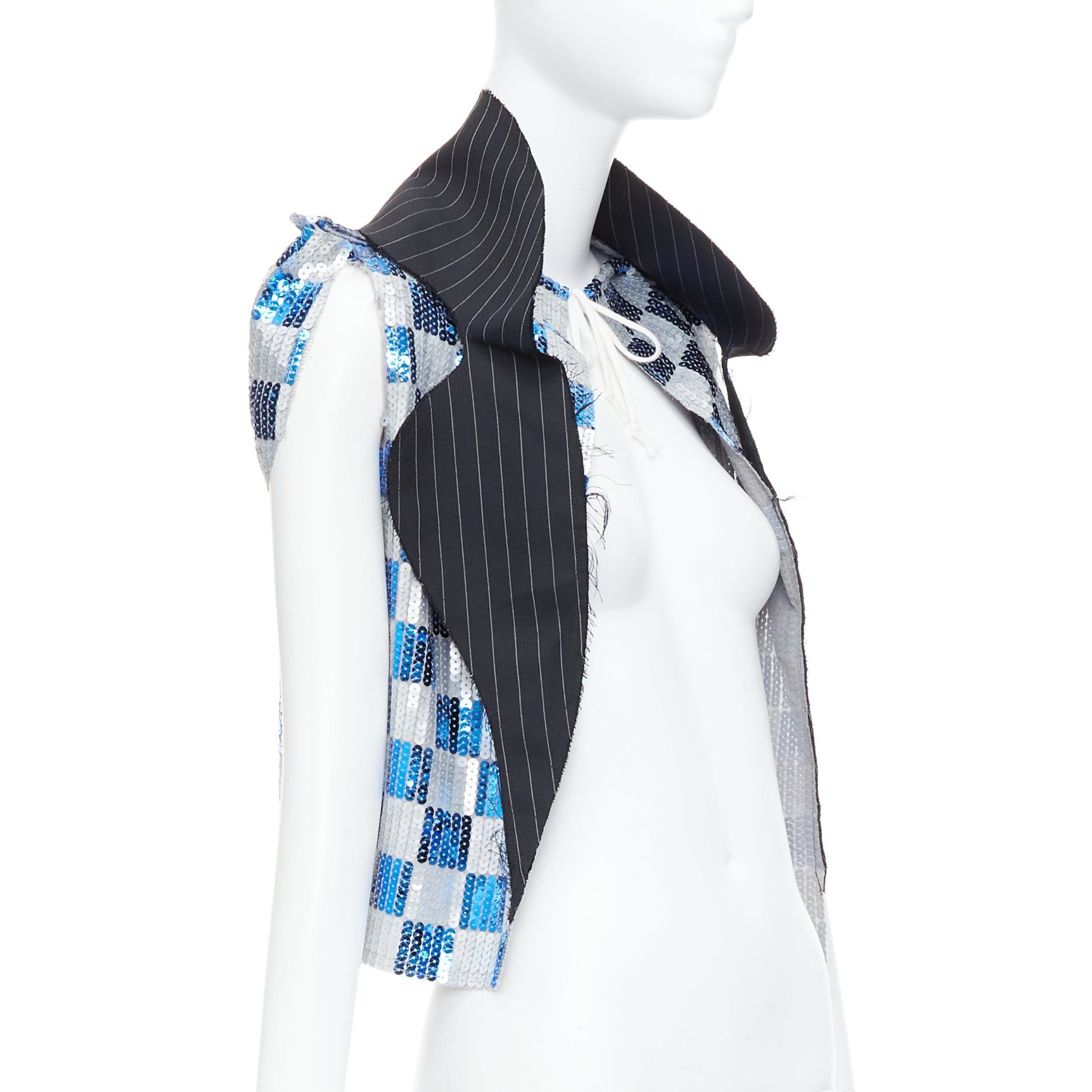 Comme des Garcons COMME DES GARCONS 2007 blue grey checkered sequin wool trim vest XS Size S / US 4 / IT 40 - 1 Thumbnail