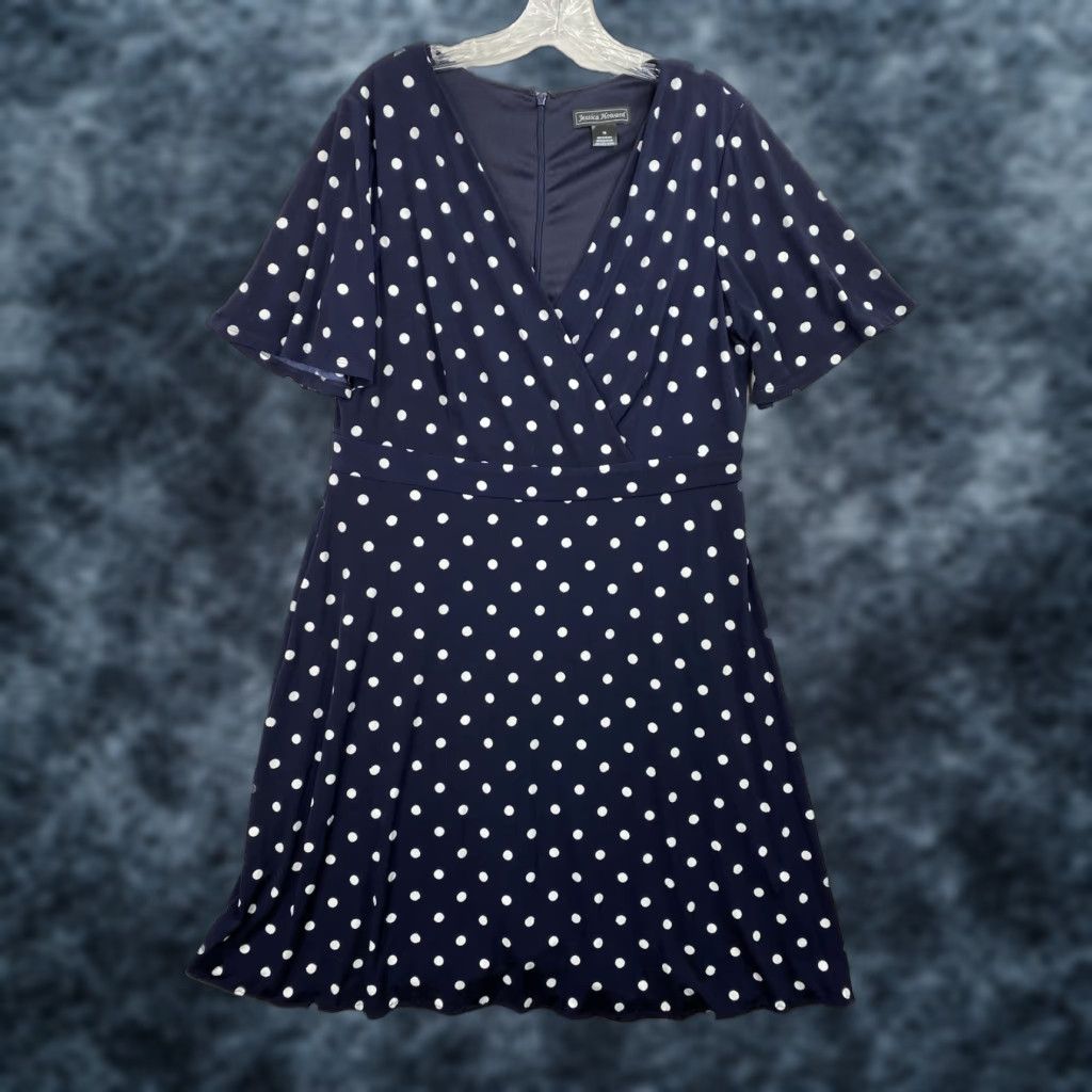 Vintage VINTAGE Jessica Howard Dress Sz 16 Blue Polka Dot Stretch Short Sleeve V Neck Midi Zip Dress Women Regular 16 Blue Polka Dot Classic A-Line Hair? Size 38" / US 16 / IT 52 - 1 Thumbnail