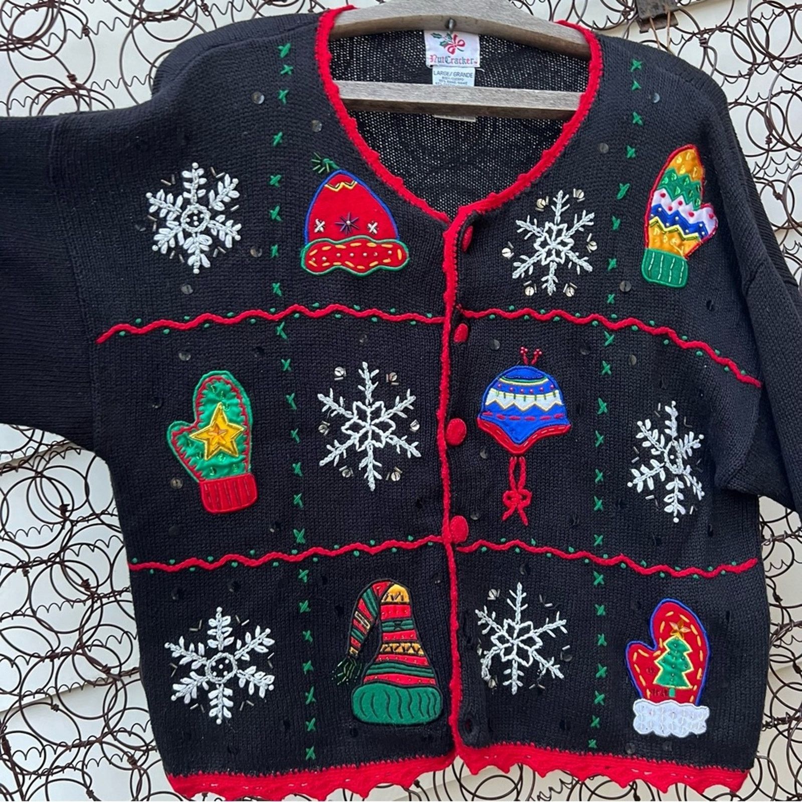 Vintage 90s Ugly Christmas Embroidery Patch Sampler Cardigan Sweater Size L / US 10 / IT 46 - 5 Thumbnail