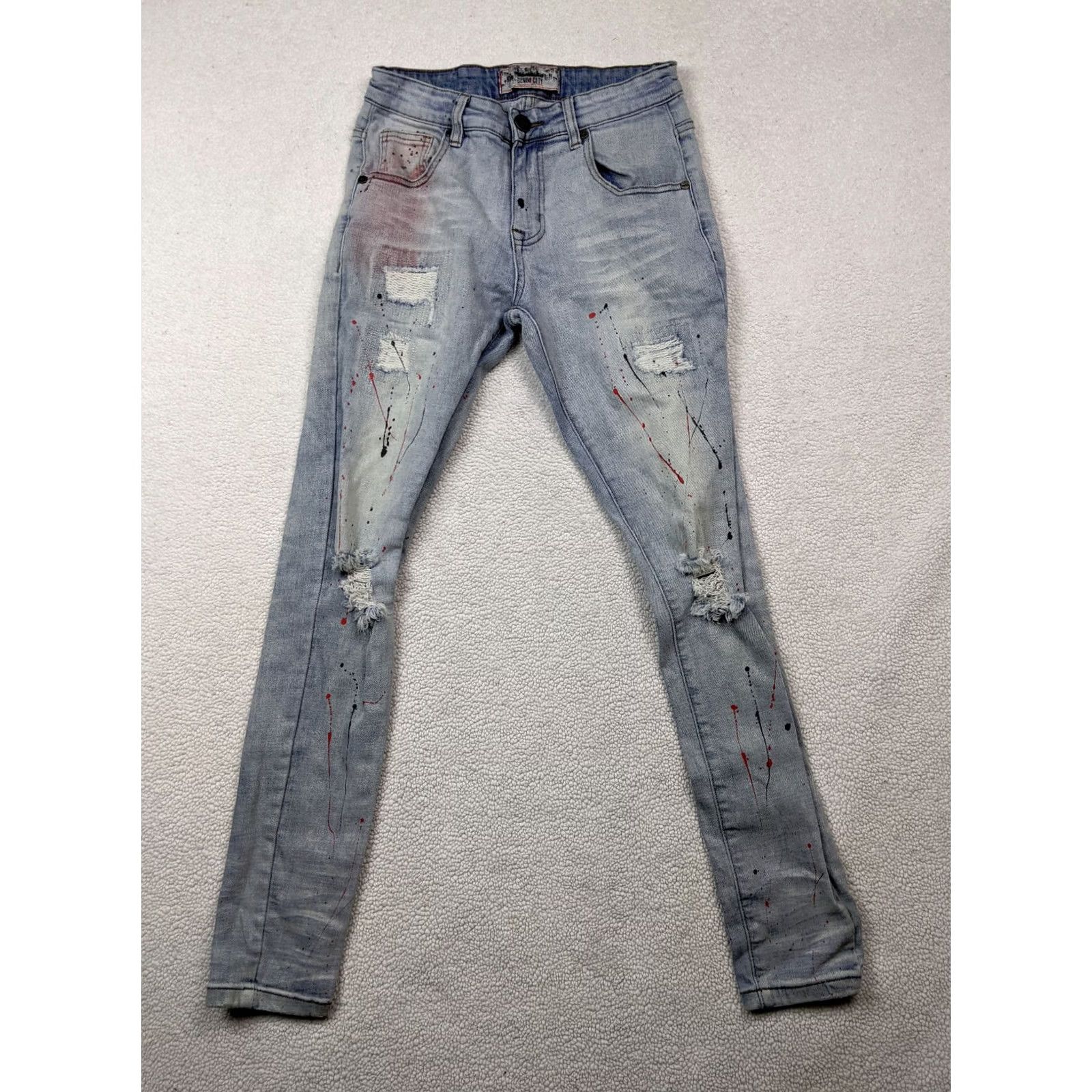 Vintage DENIMICITY Mens Jeans 30x32 Blue Destroyed Painted Light Wash Skinny Low Rise Denimicity Jeans Slim 30x32 Mens Jeans Blue 90s? Size US 30 / EU 46 - 2 Thumbnail