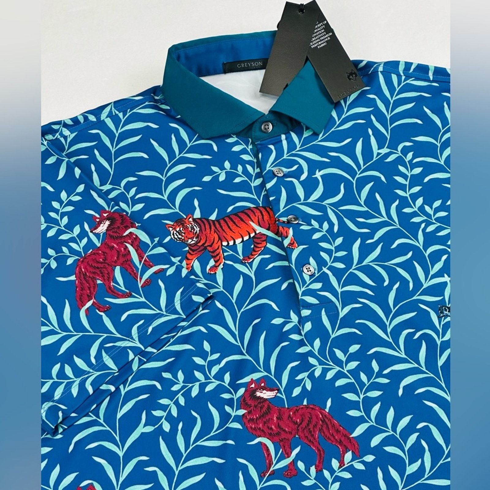 Other Greyson Men’s XL Wolf Mongoose Tiger Blue Golf Polo, Jungle Size US XL / EU 56 / 4 - 4 Thumbnail