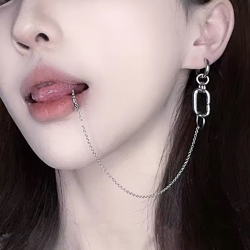 Jewelry Cosplay Nana Okazaki Lip Clip And Chain Earrings in Silver, Men's