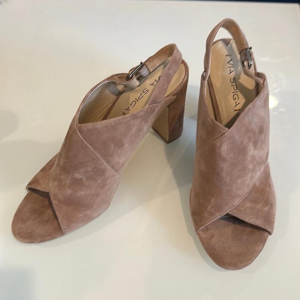 Designer Via Spiga Pink Beige Suede Chunky Heel Slingback Sandals 10 Size US 10 / IT 40 - 1 Thumbnail