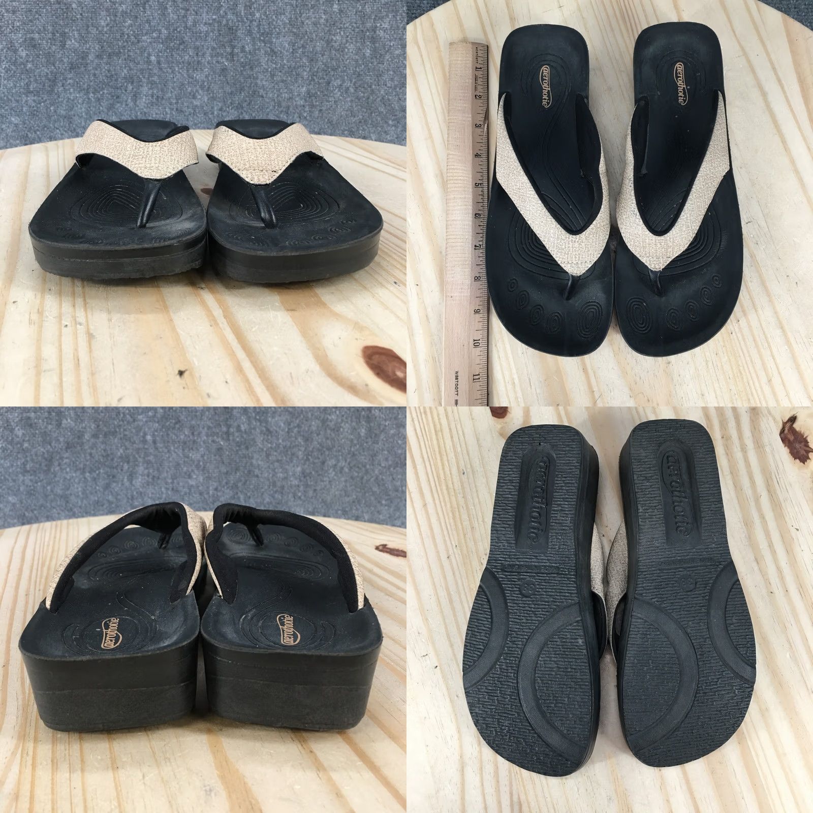 Vintage Aerothotic Sandals Womens 38 Casual Slip On Thong Flip Flops Black Brown Wedge Sandal Size US 8 / IT 38 - 8 Thumbnail