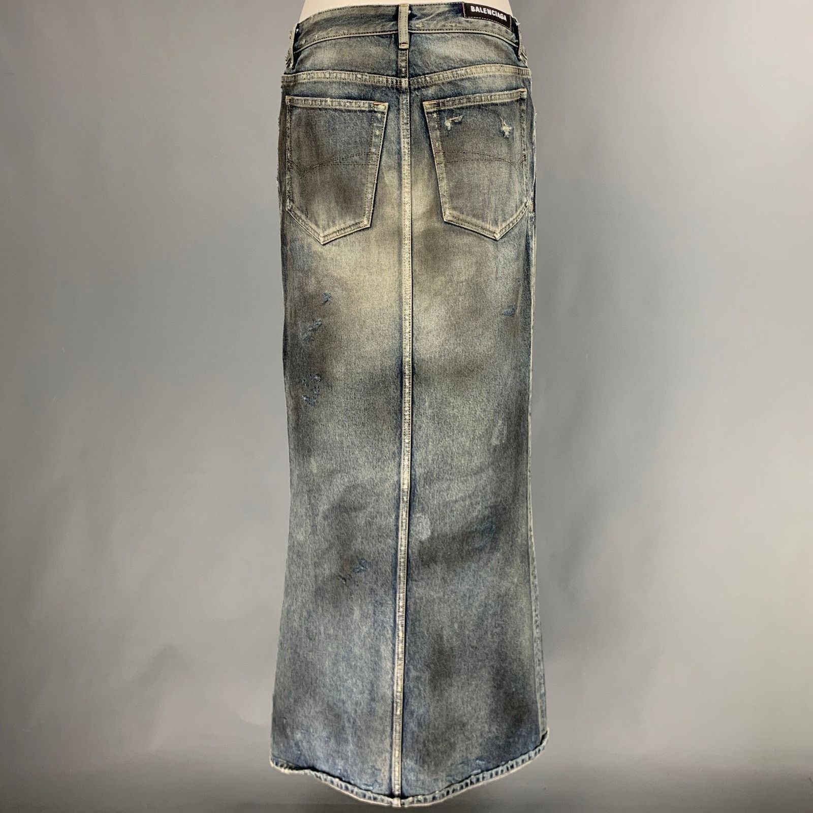 Balenciaga Size 6 Blue Grey Cotton Distressed Pencil Long Skirt Size 28" / US 6 / IT 42 - 3 Thumbnail