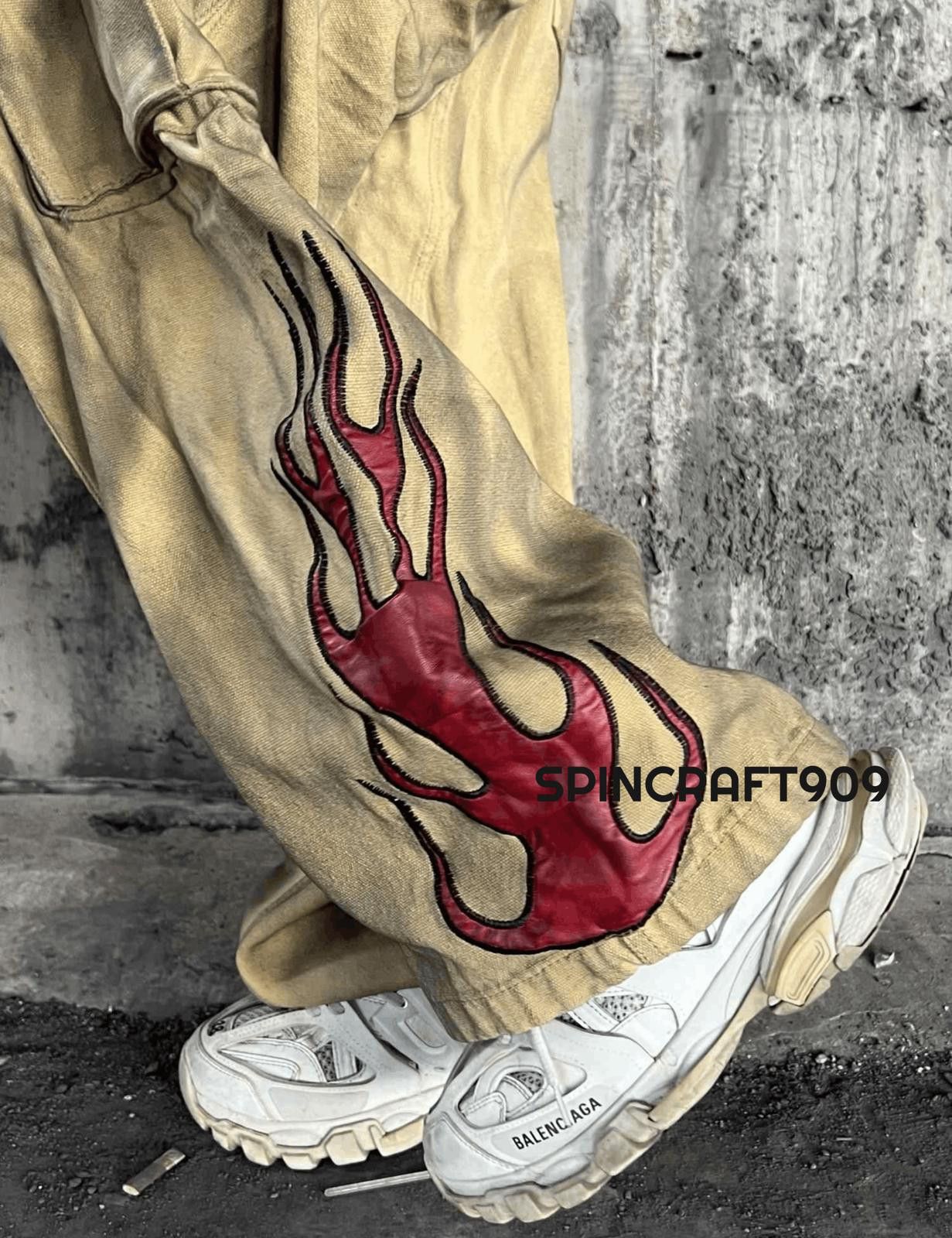 Jean Fire Graphic Print Cargo Baggy Stacked Flare Denim Jeans Size US 32 / EU 48 - 3 Thumbnail