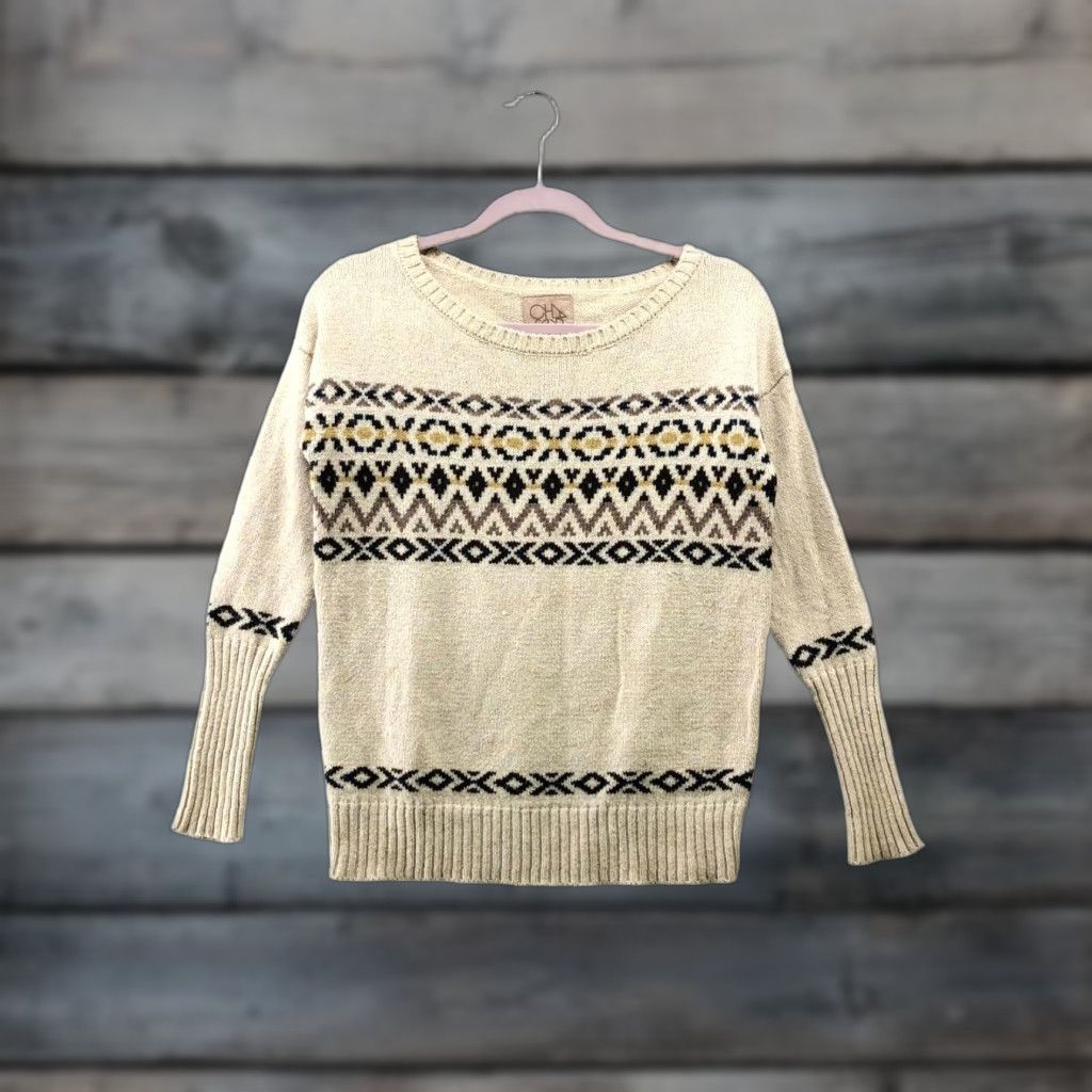 Vintage Chaser Sweater Womens XS Beige Cream Fair Isle Knit Crewneck Cotton Blend Size XS / US 0-2 / IT 36-38 - 1 Thumbnail