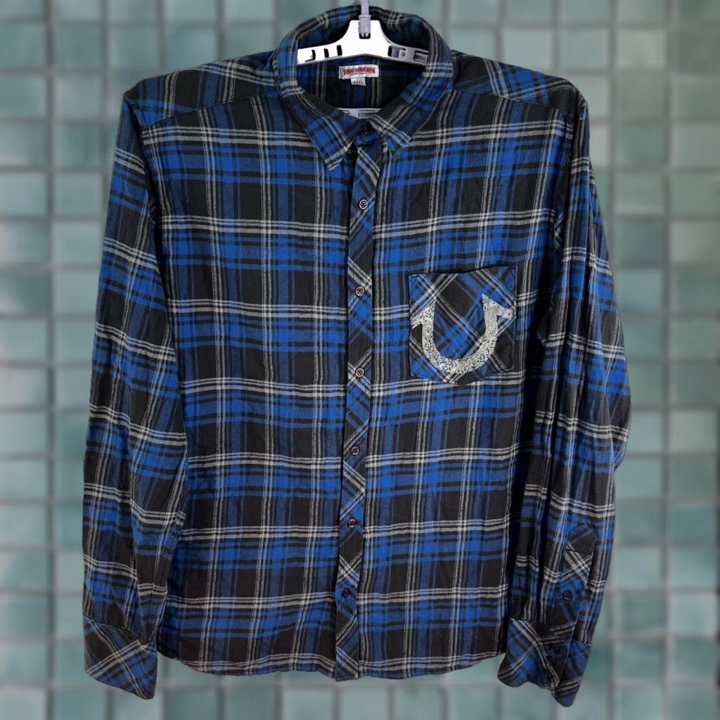 True Religion True Religion Plaid Flannel Button-Up Shirt Mens 3XL Blue Cowboy Western Size US XXL / EU 58 / 5 - 1 Thumbnail