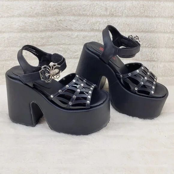 Other Camel 17 Stacked Black Spider Web Platform Sandals Goth Punk Size US 12 / IT 42 - 1 Thumbnail